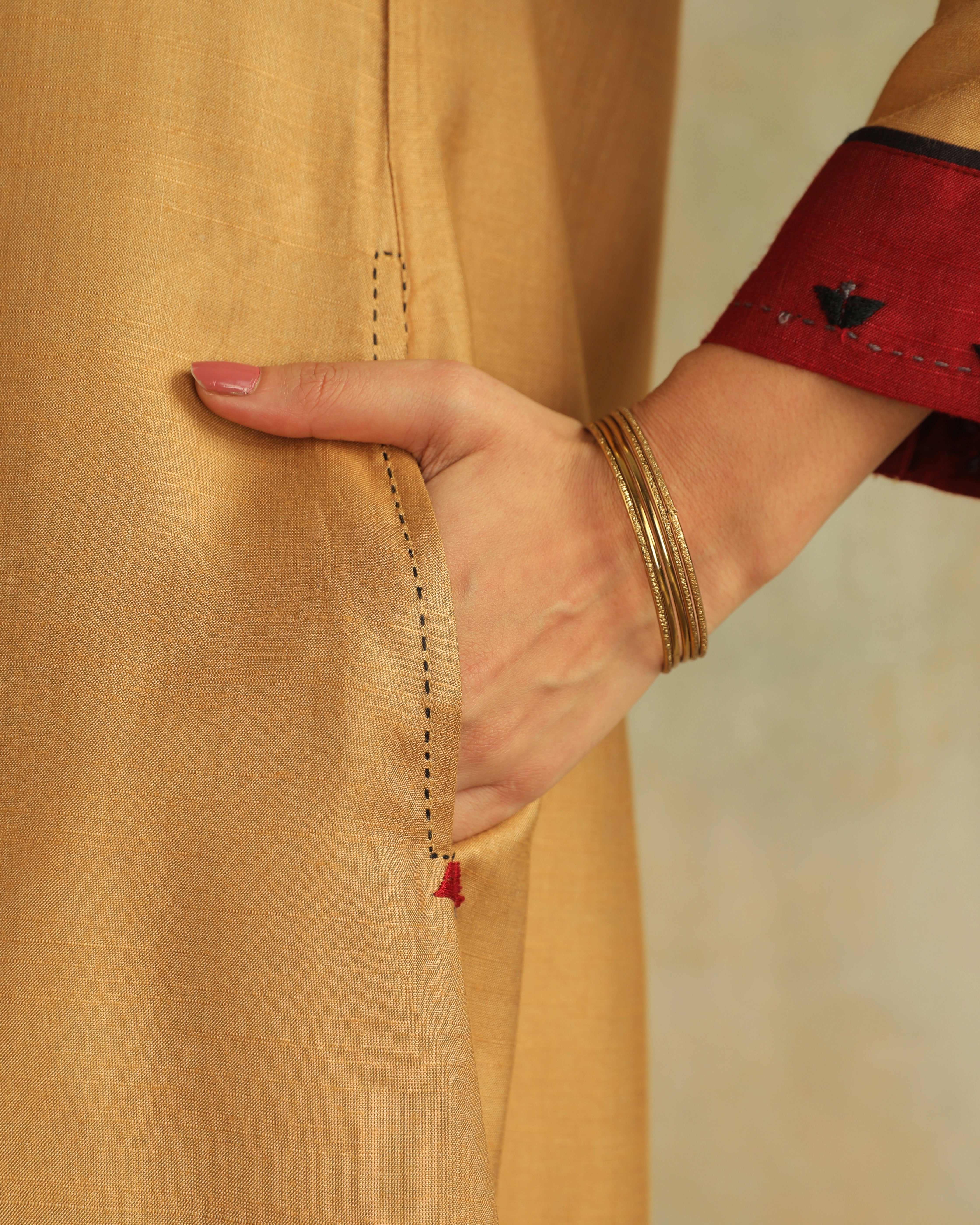Pratha Badami Flared Cotton-Silk Kurta With Soof Hand Embroidery