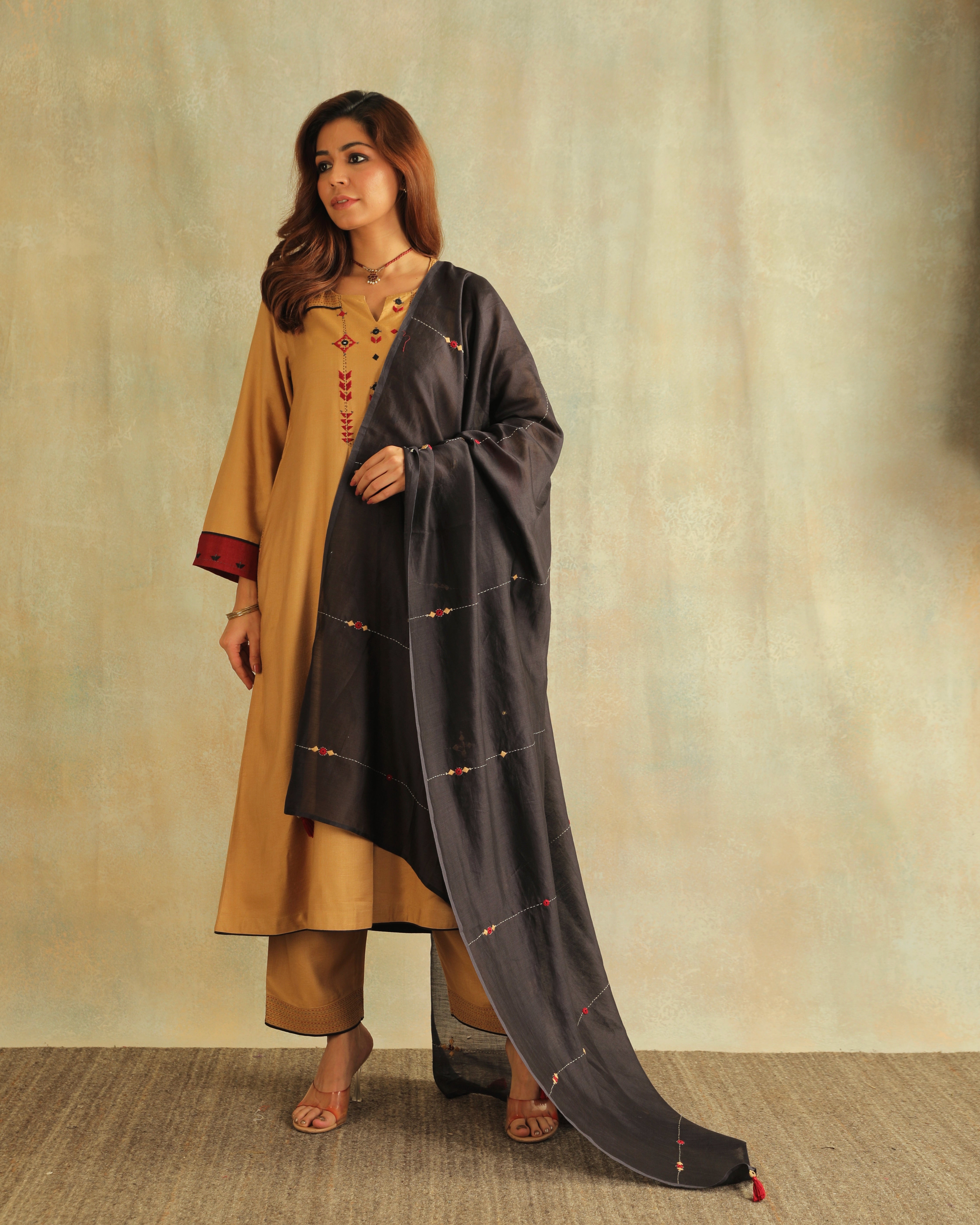 Pratha Badami Flared Cotton-Silk Kurta With Soof Hand Embroidery
