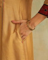Pratha Badami V-Neck Cotton-Silk Kurta With Soof Hand Embroidery