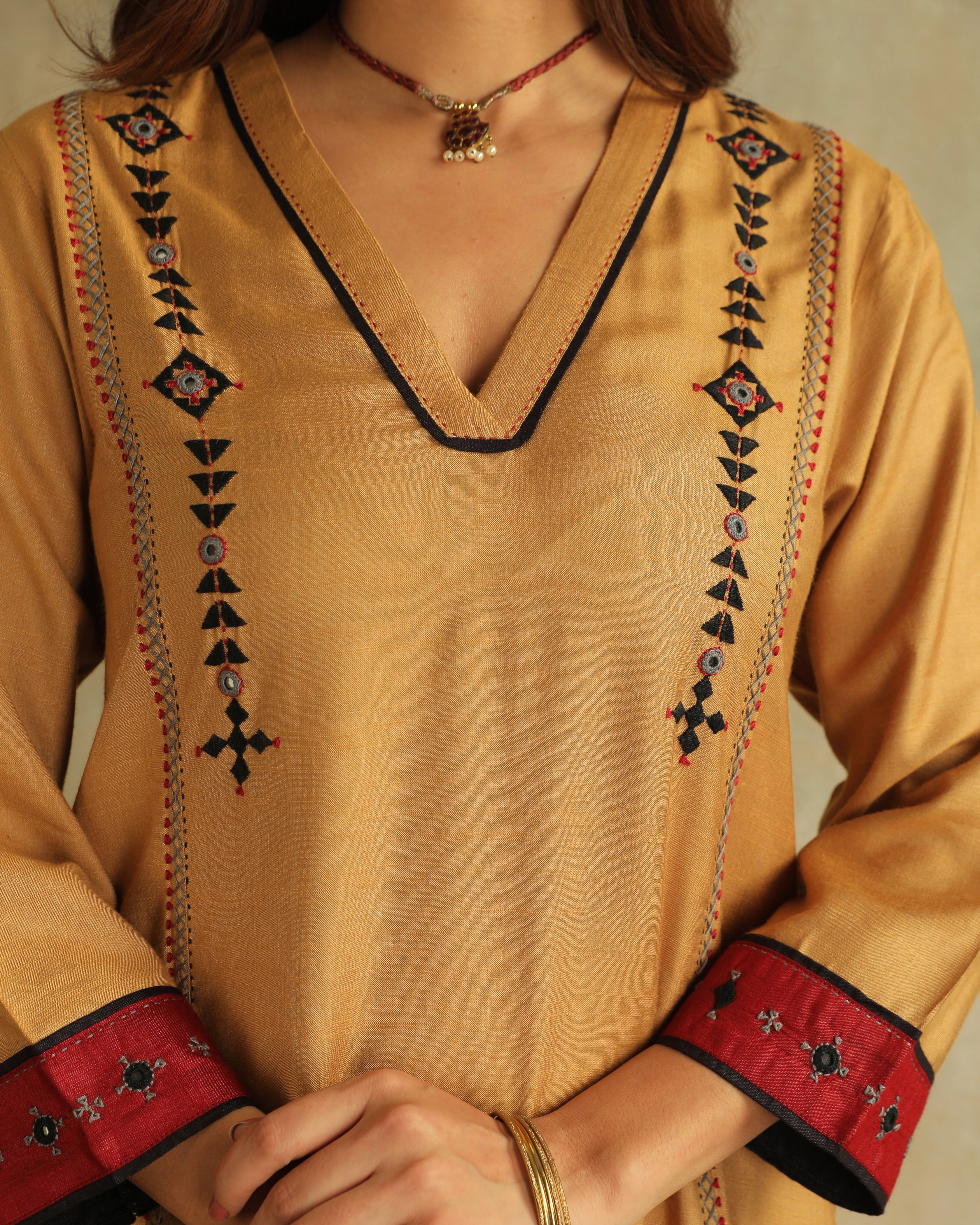 Pratha Badami V-Neck Cotton-Silk Kurta With Soof Hand Embroidery