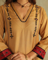 Pratha Badami V-Neck Cotton-Silk Kurta With Soof Hand Embroidery