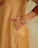Pratha Badami A-Line Cotton-Silk Kurta With Soof Hand Embroidery