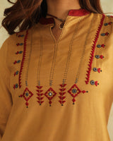 Pratha Badami A-Line Cotton-Silk Kurta With Soof Hand Embroidery