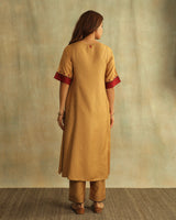 Pratha Badami Round-Neck Cotton-Silk Kurta With Soof Hand Embroidery