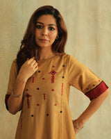 Pratha Badami Round-Neck Cotton-Silk Kurta With Soof Hand Embroidery