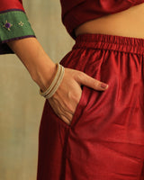 Pratha Maroon Straight-Fit Cotton Silk Pant With Soof Hand Embroidery