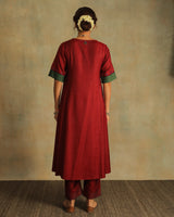 Pratha Maroon Round-Neck Cotton-Silk Kurta With Soof Hand Embroidery
