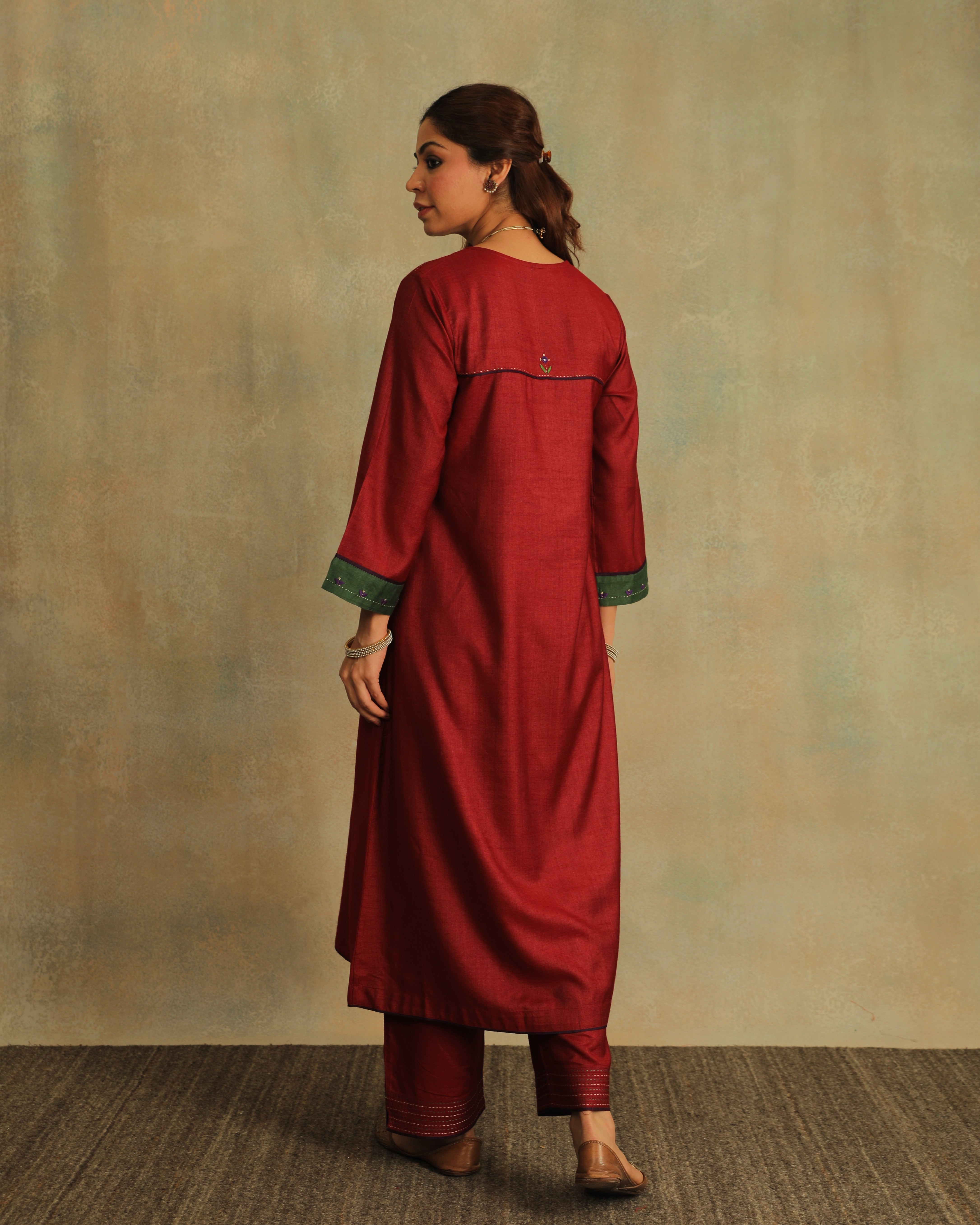 Pratha Maroon Flared Cotton-Silk Kurta With Soof Hand Embroidery