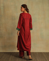 Pratha Maroon Flared Cotton-Silk Kurta With Soof Hand Embroidery