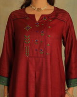 Pratha Maroon Flared Cotton-Silk Kurta With Soof Hand Embroidery