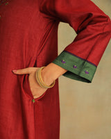 Pratha Maroon Flared Cotton-Silk Kurta With Soof Hand Embroidery