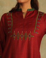Pratha Maroon A-Line Cotton-Silk Kurta With Soof Hand Embroidery