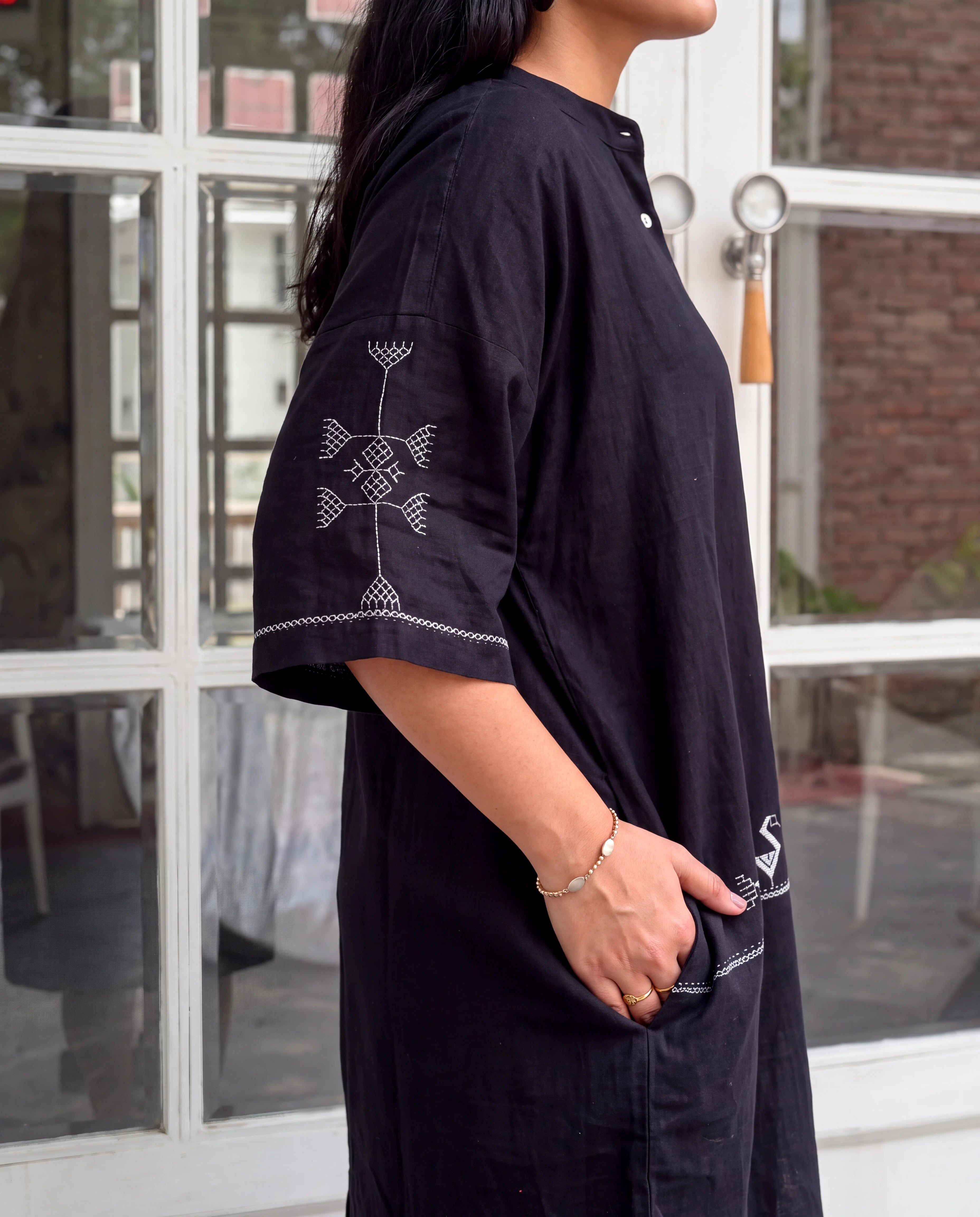 Bagh Cotton Half Sleeve Black Hand Embroidered Dress