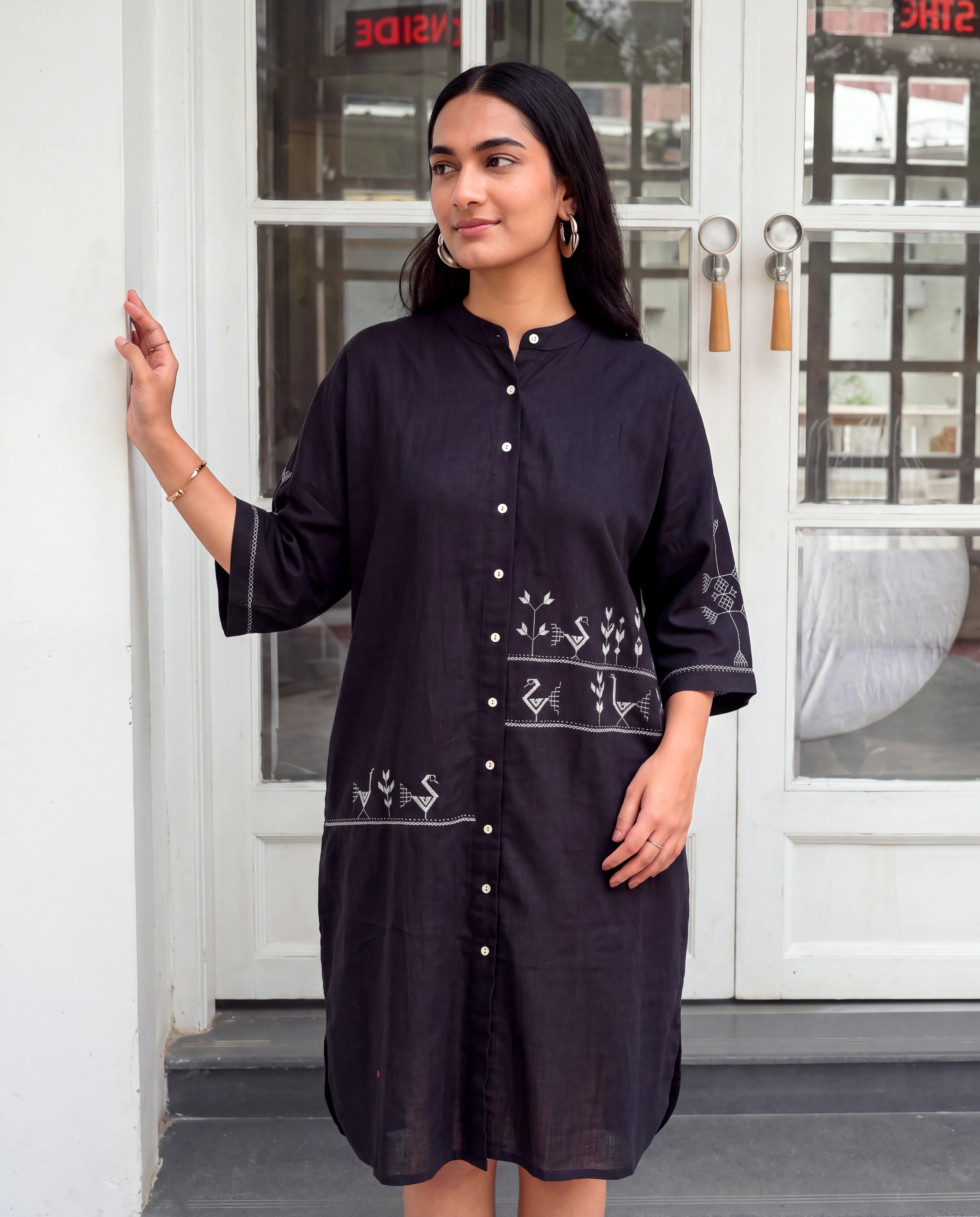 Bagh Cotton Half Sleeve Black Hand Embroidered Dress