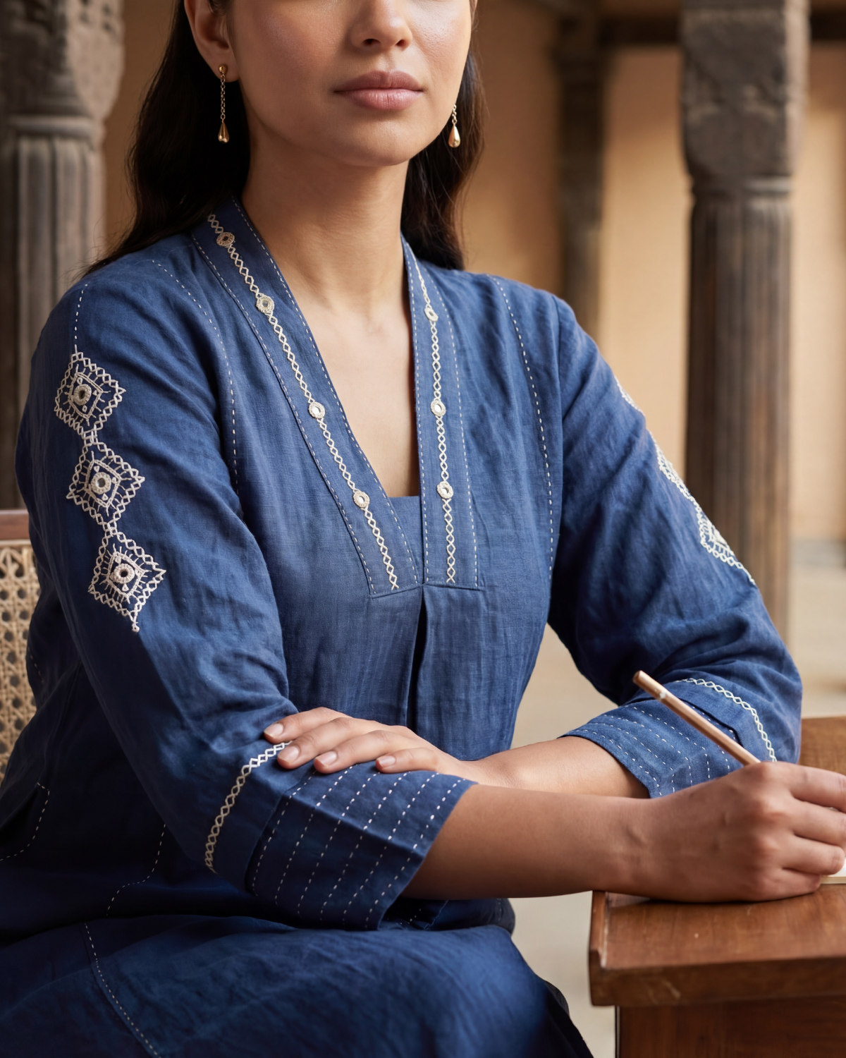 Dhwani Blue A-Line Cotton Kurta With Dessert Hand Embroidery