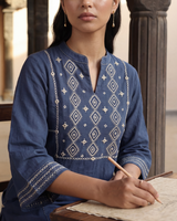 Dhwani Blue Kalidaar Cotton Kurta With Dessert Hand Embroidery