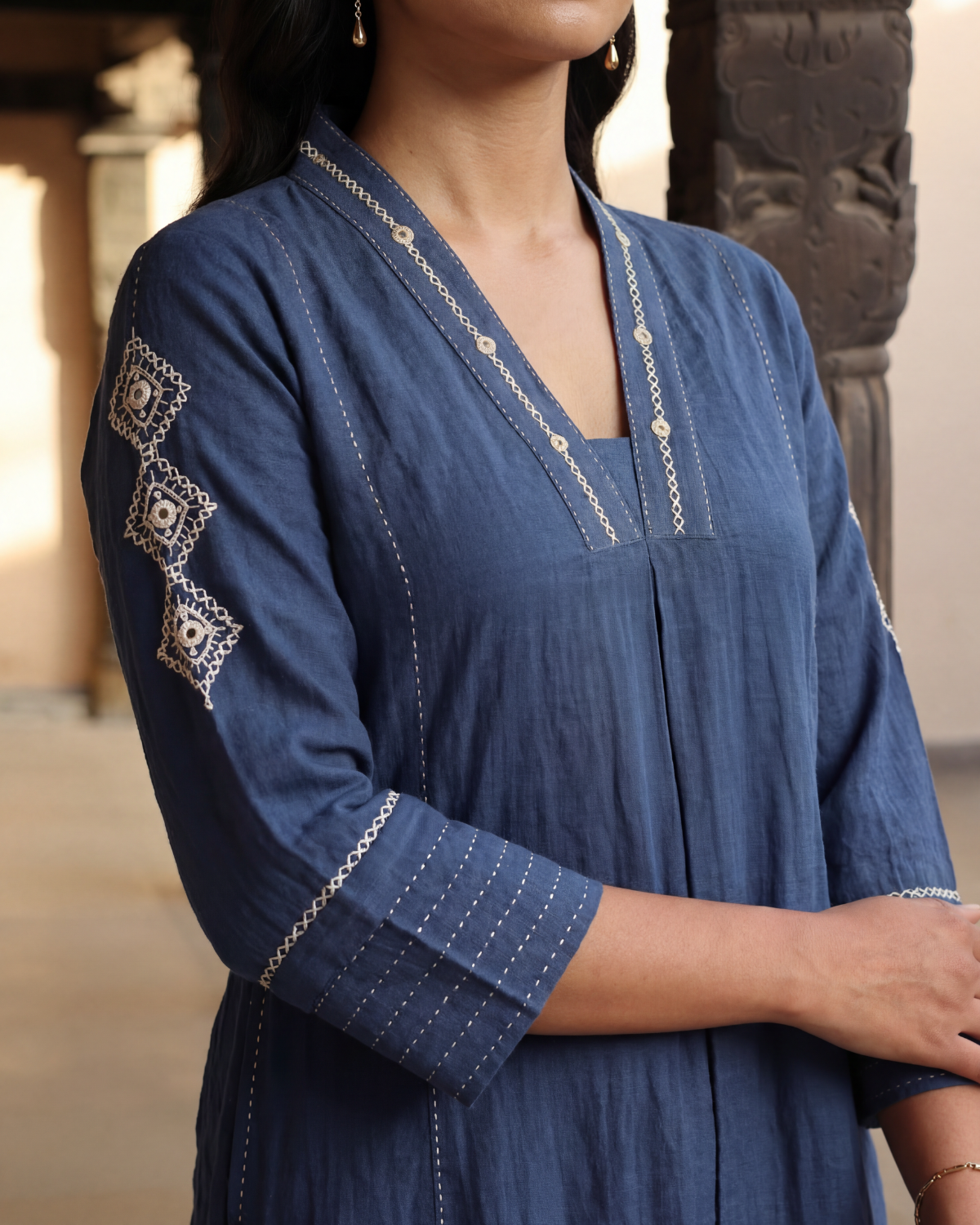 Dhwani Blue A-Line Cotton Kurta With Dessert Hand Embroidery