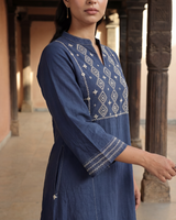 Dhwani Blue Kalidaar Cotton Kurta With Dessert Hand Embroidery