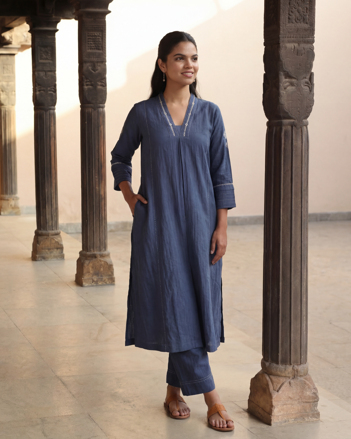 Dhwani Blue A-Line Cotton Kurta With Dessert Hand Embroidery