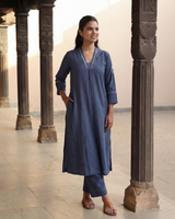 Dhwani Blue A-Line Cotton Kurta With Dessert Hand Embroidery