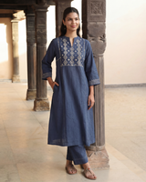 Dhwani Blue Kalidaar Cotton Kurta With Dessert Hand Embroidery