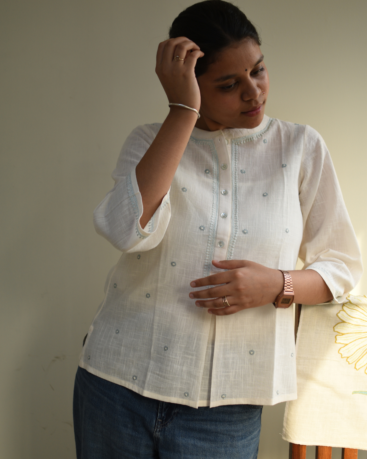 Avani Chikankari Off White Pure Cotton 3Q Sleeve Top
