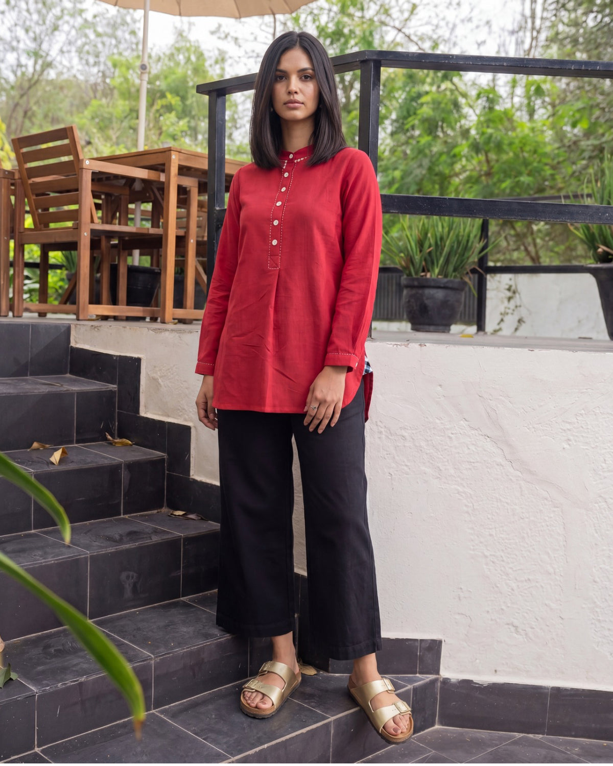 Dhwani Red Cotton Pleated Top