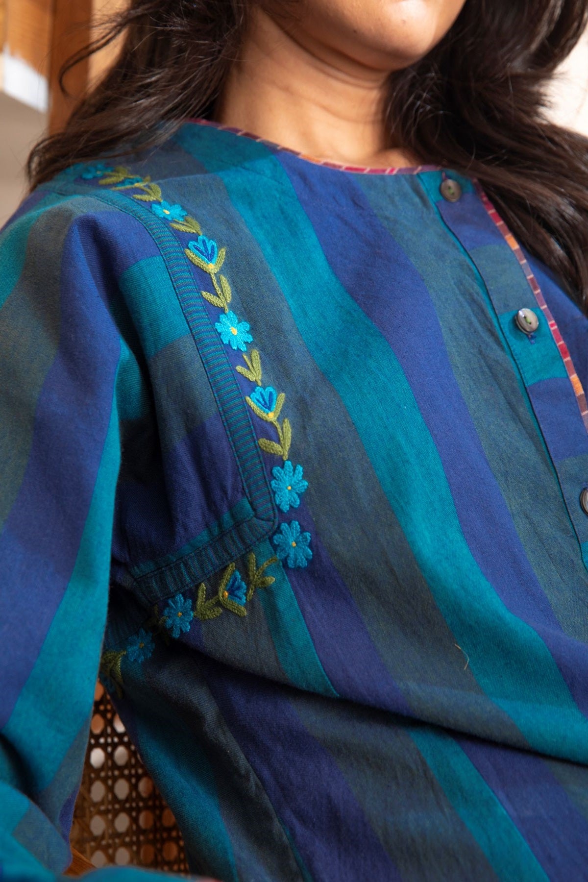 Haveli Crewel Blue Kimono Sleeve Kurta