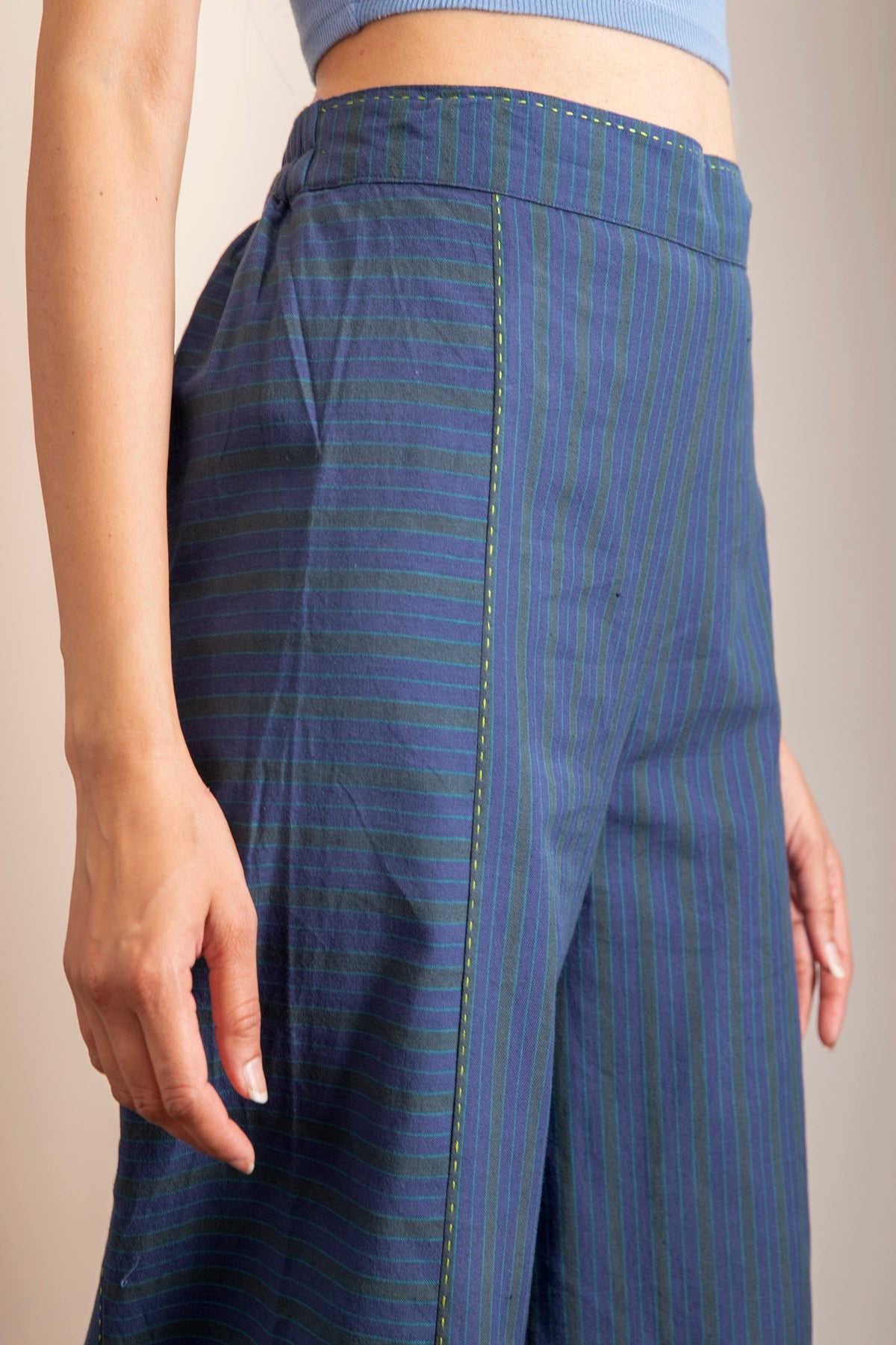 Haveli Blue Striped Handwoven And Hand Embroidered Cotton Palazzo