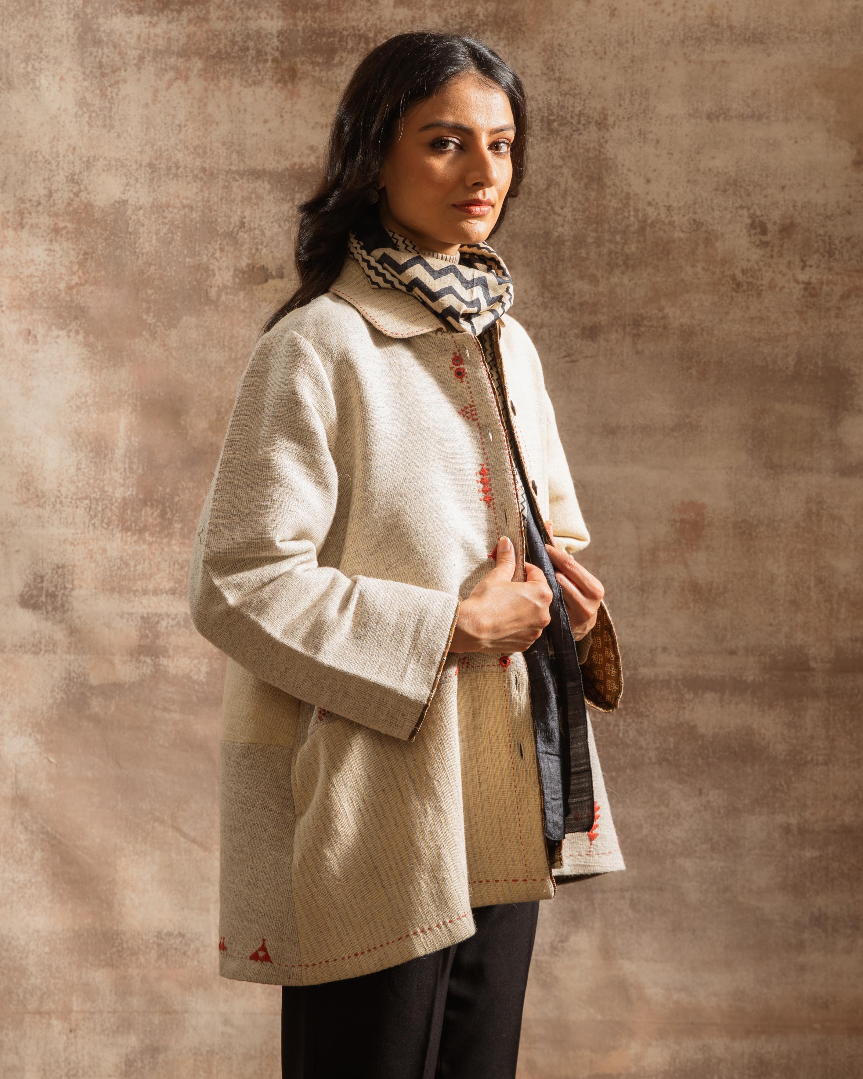 Dhaani Ivory Handwoven Woolen Jacket with Peter Pan Collar