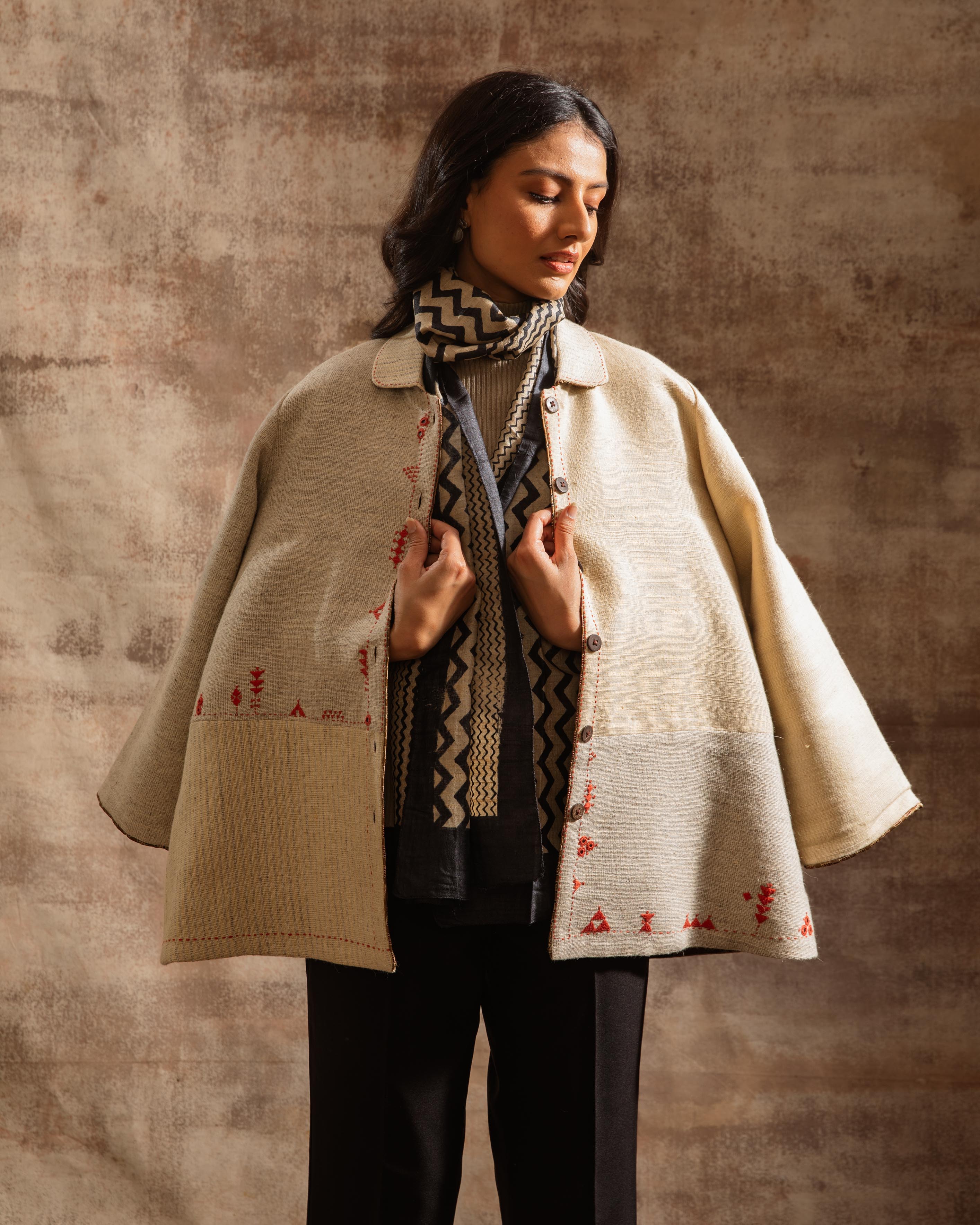 Dhaani Ivory Handwoven Woolen Jacket with Peter Pan Collar