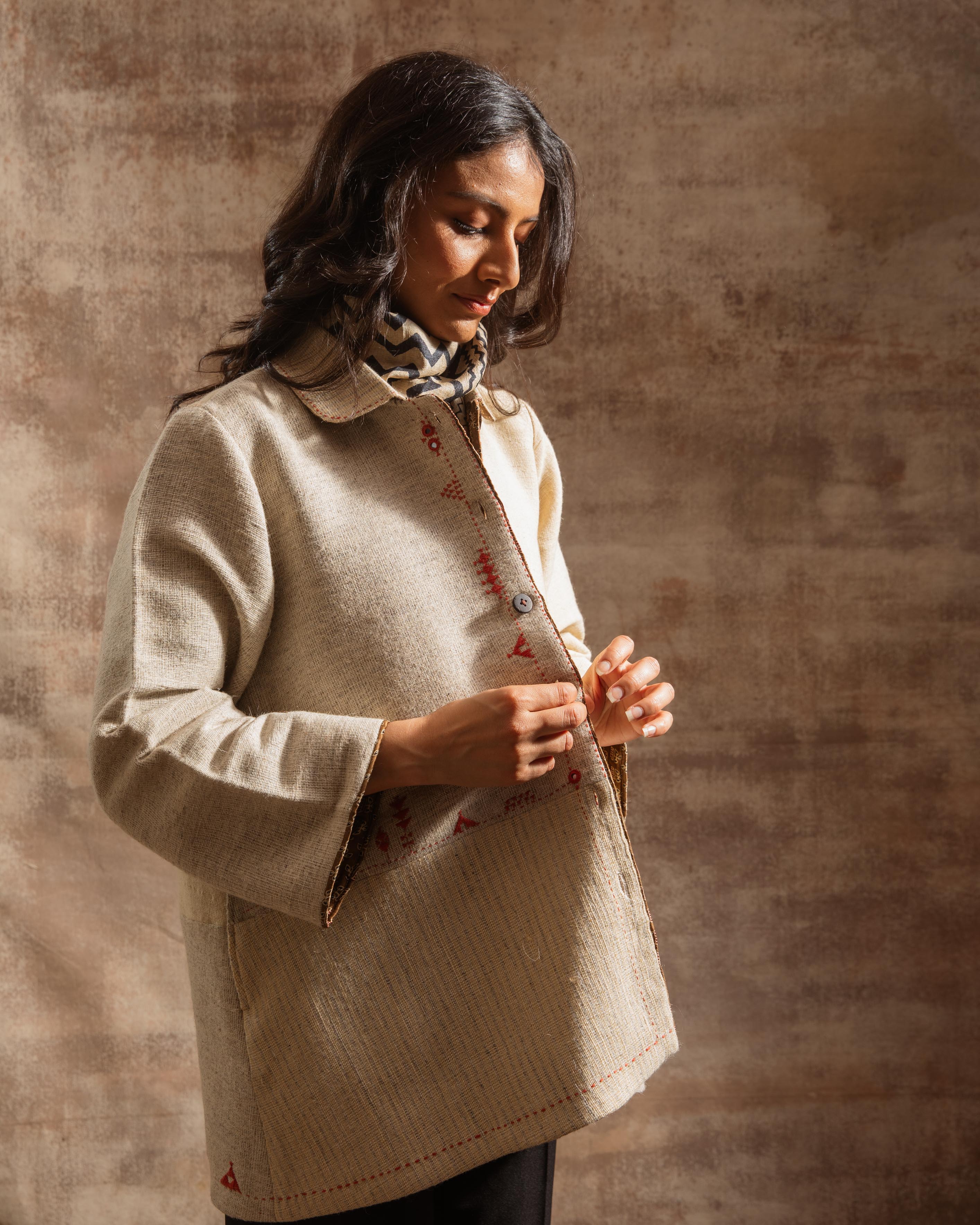 Dhaani Ivory Handwoven Woolen Jacket with Peter Pan Collar