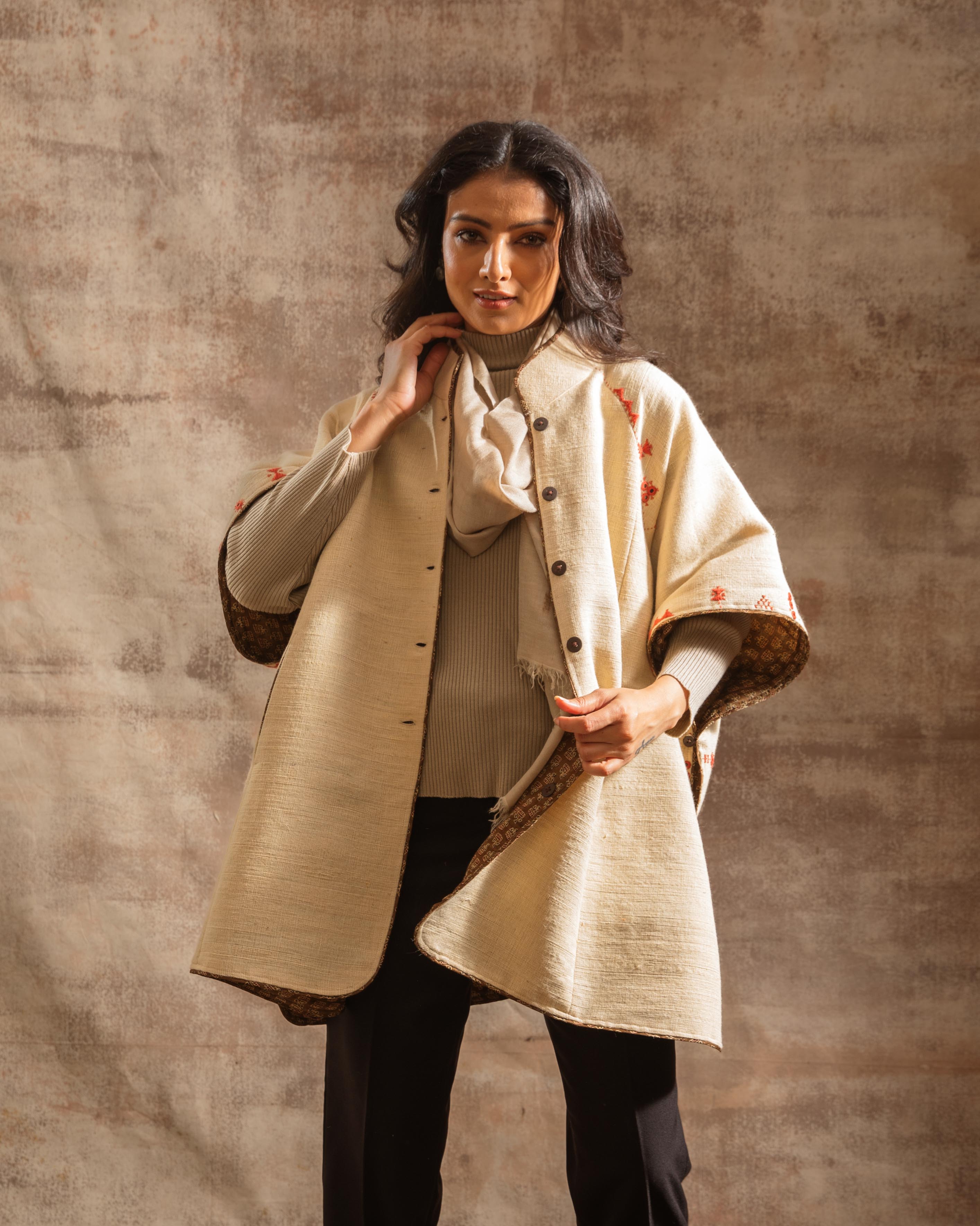 Dhaani Ivory Handwoven Woolen Flared Cape