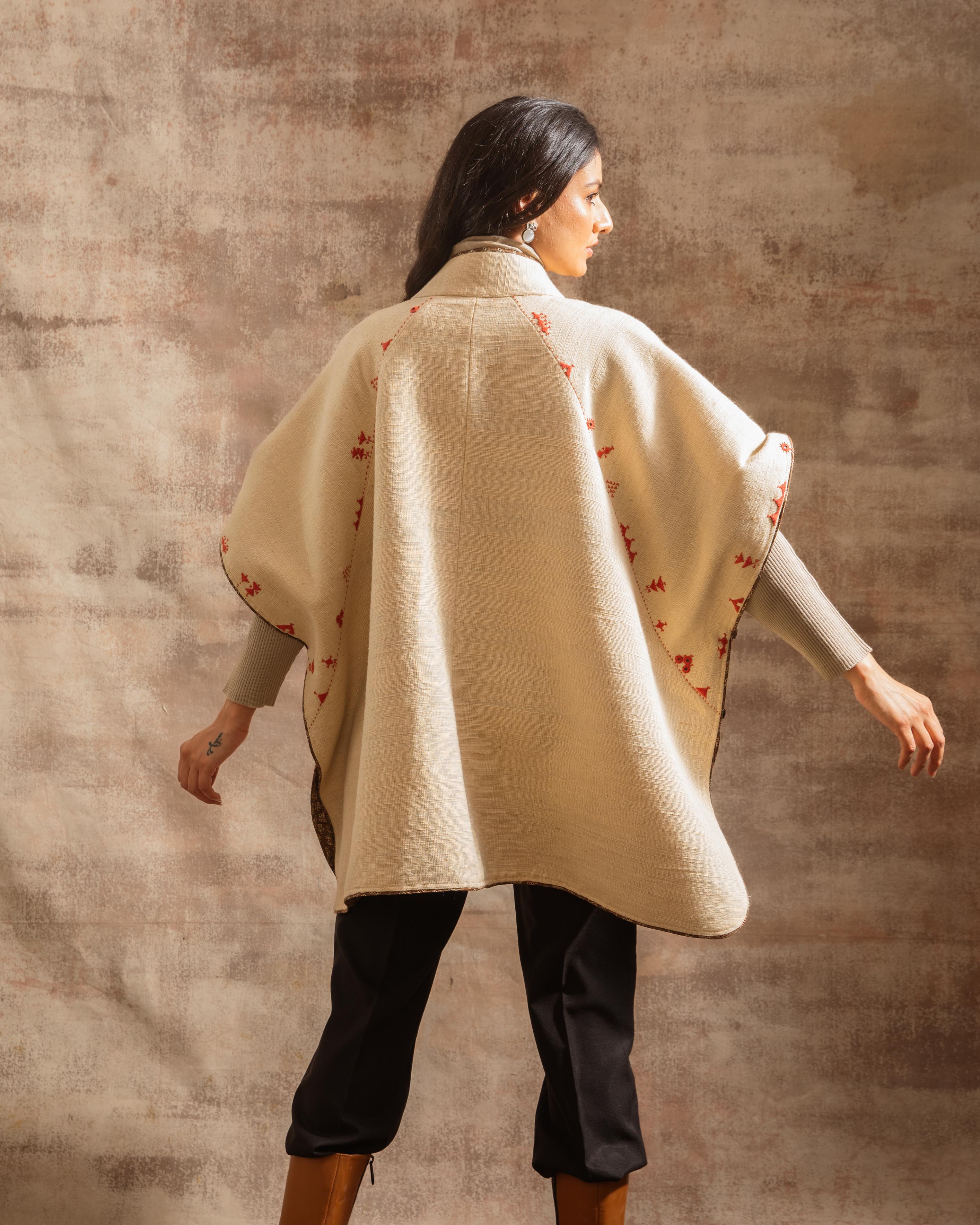 Dhaani Ivory Handwoven Woolen Flared Cape