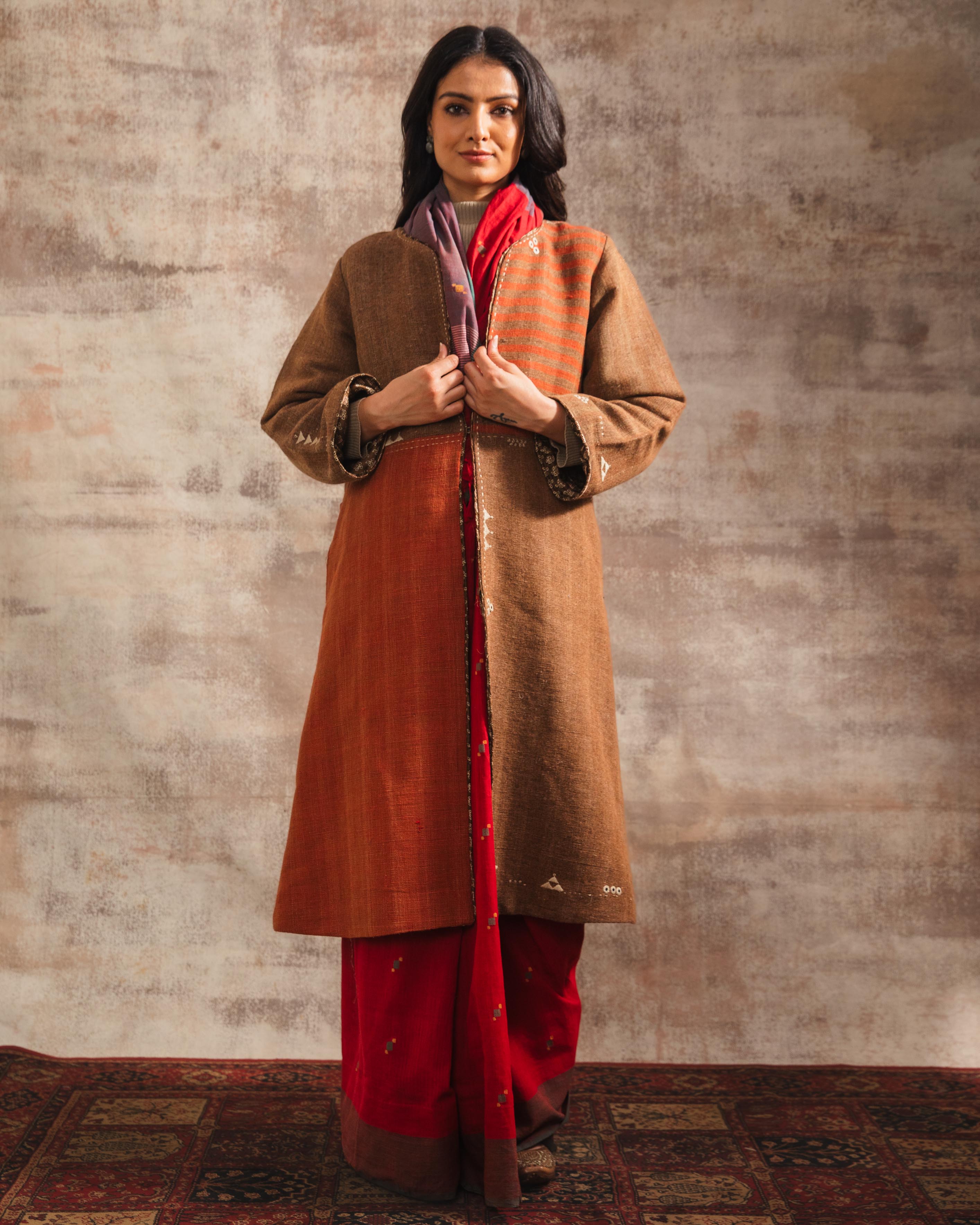 Dhaani Colour Block Handwoven Woolen Long Jacket