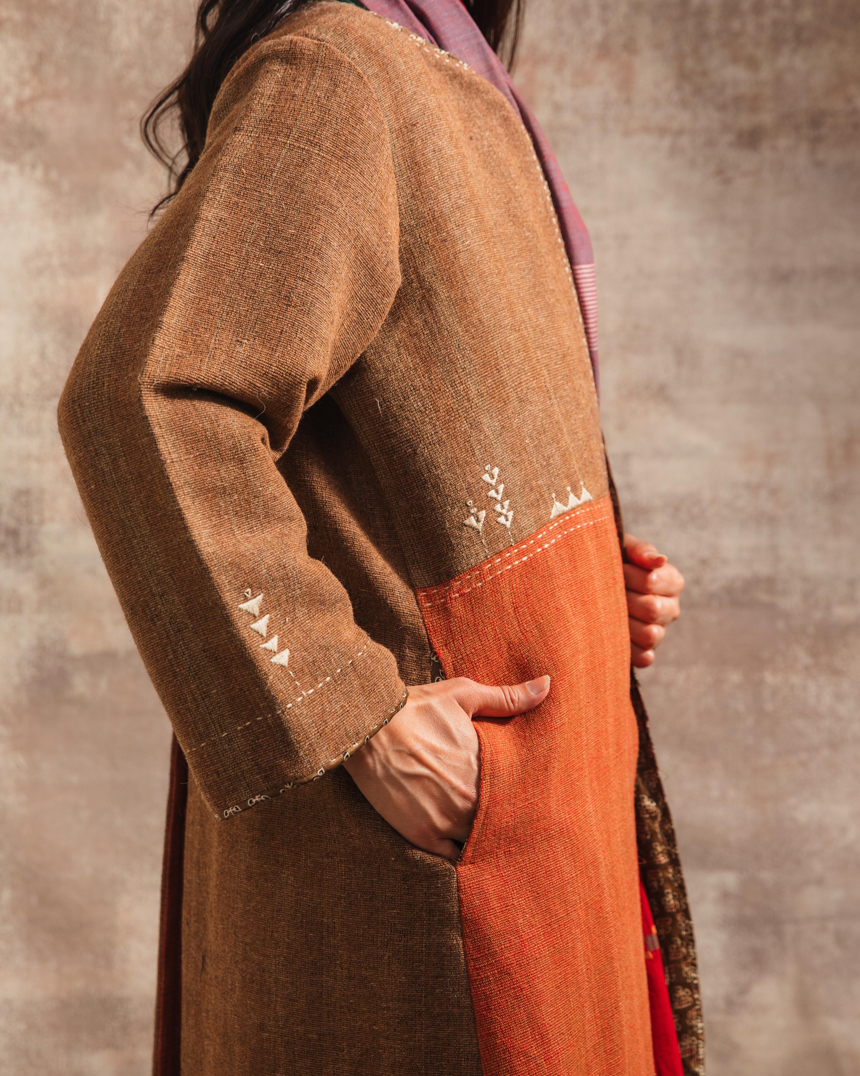 Dhaani Colour Block Handwoven Woolen Long Jacket