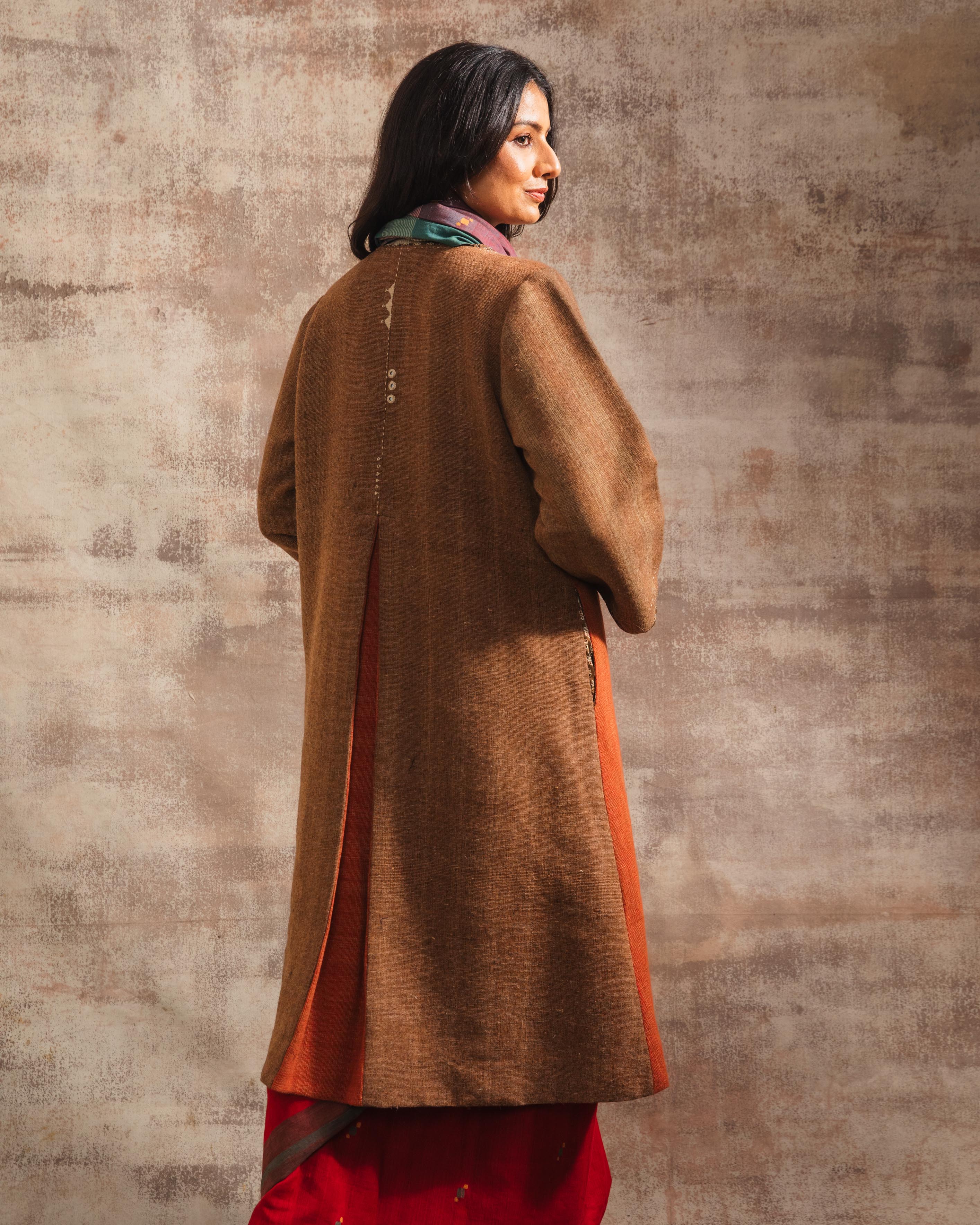 Dhaani Colour Block Handwoven Woolen Long Jacket