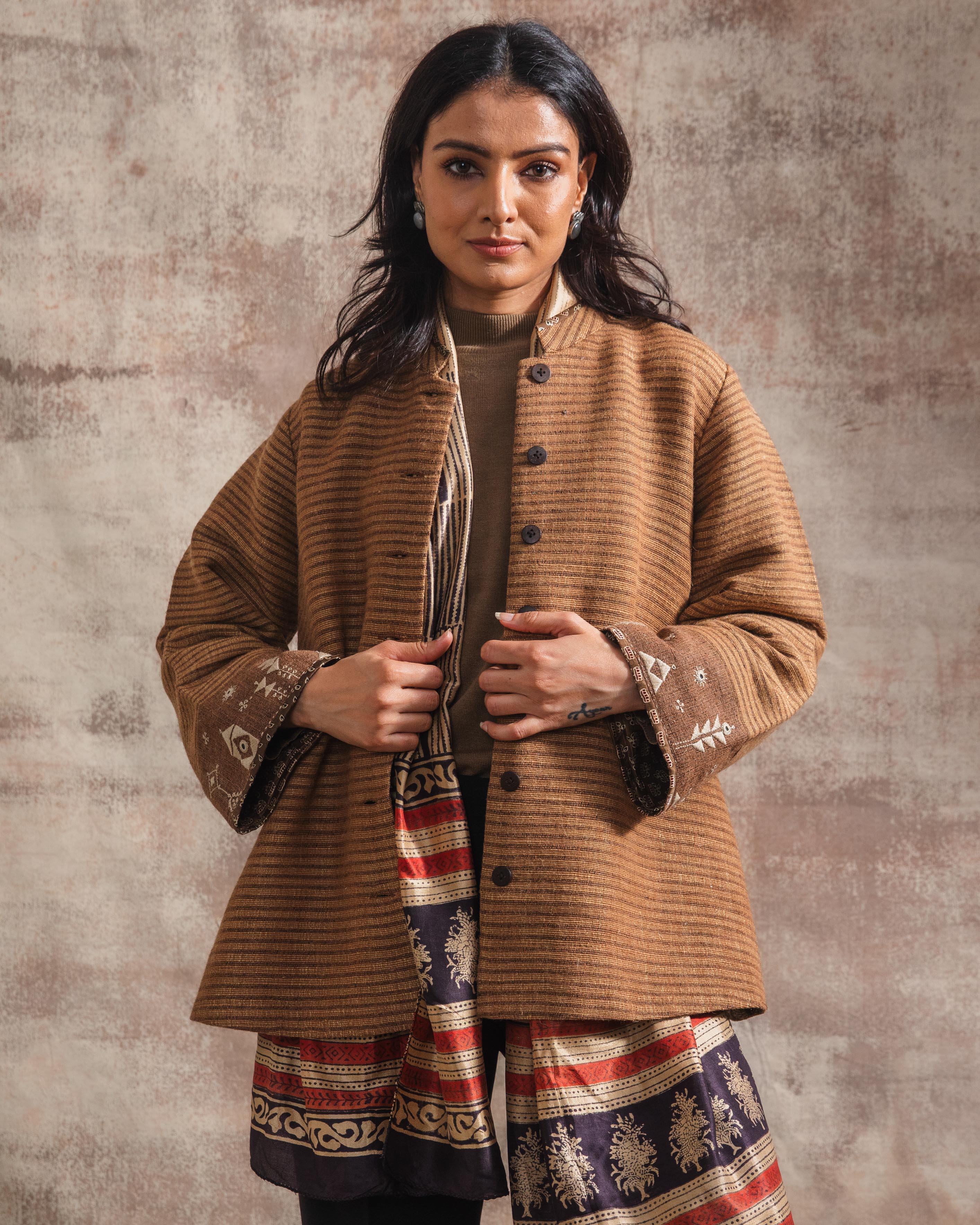 Dhaani Brown Striped Handwoven Woolen Jacket