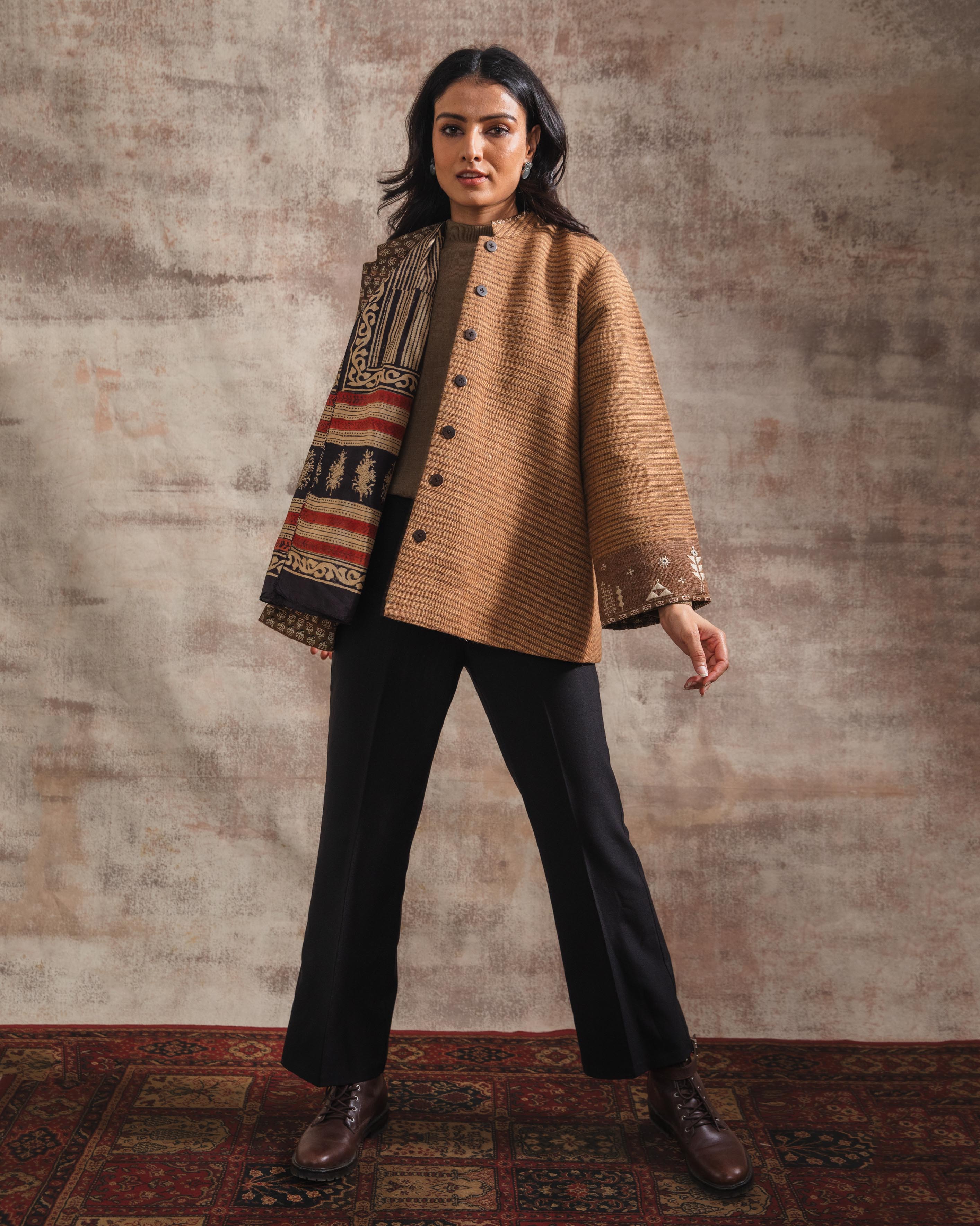 Dhaani Brown Striped Handwoven Woolen Jacket