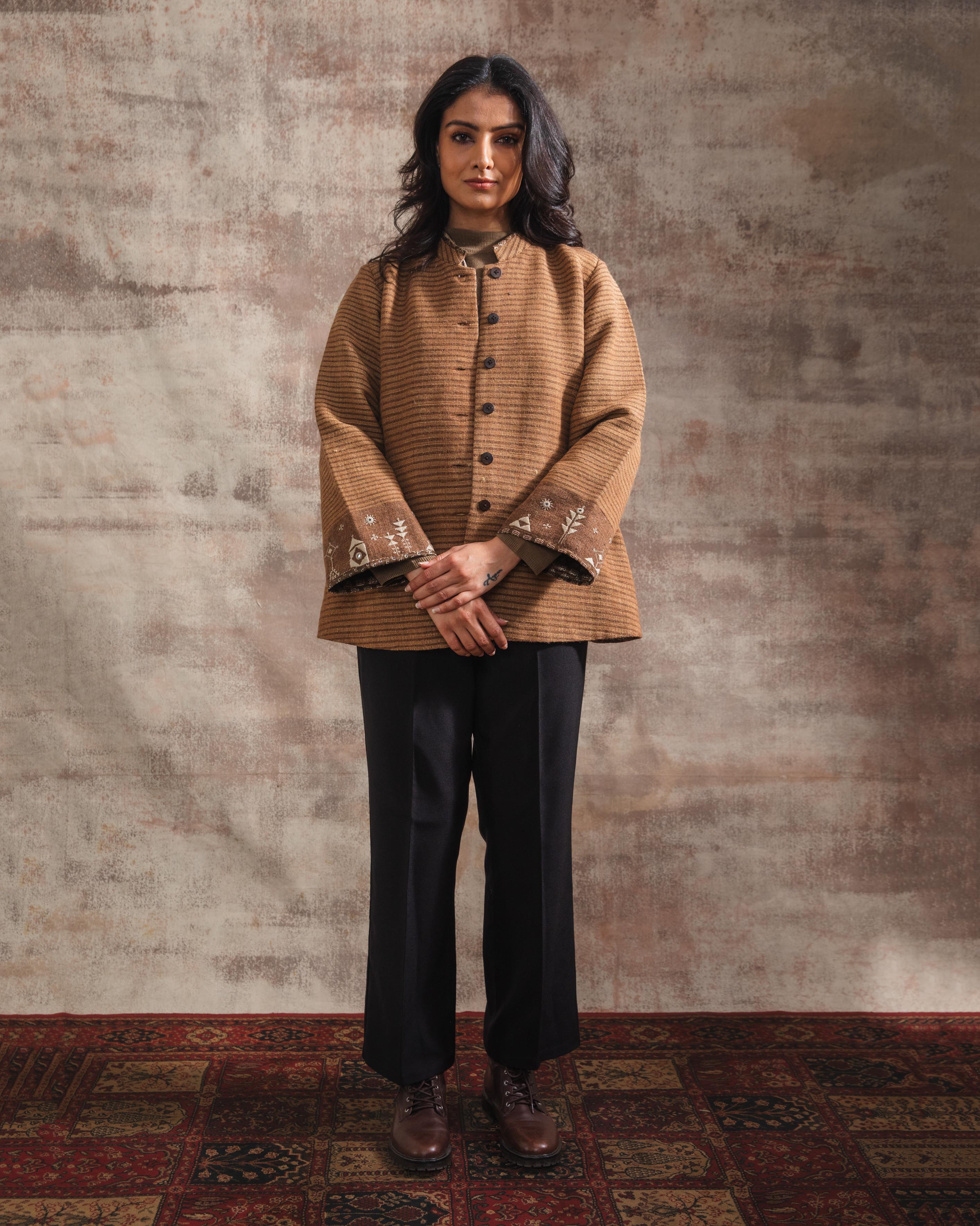 Dhaani Brown Striped Handwoven Woolen Jacket