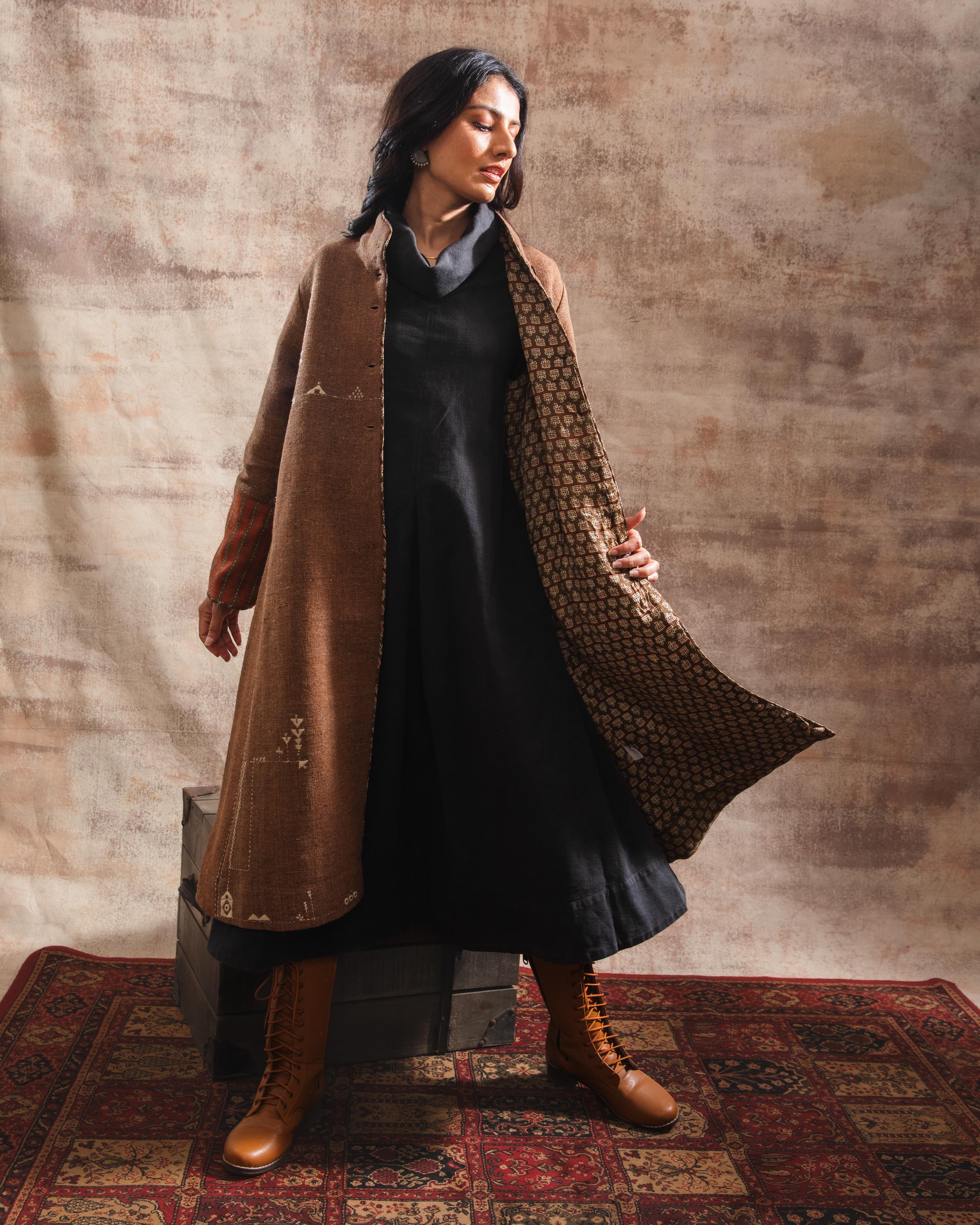 Dhaani Brown Handwoven Woolen Long Jacket