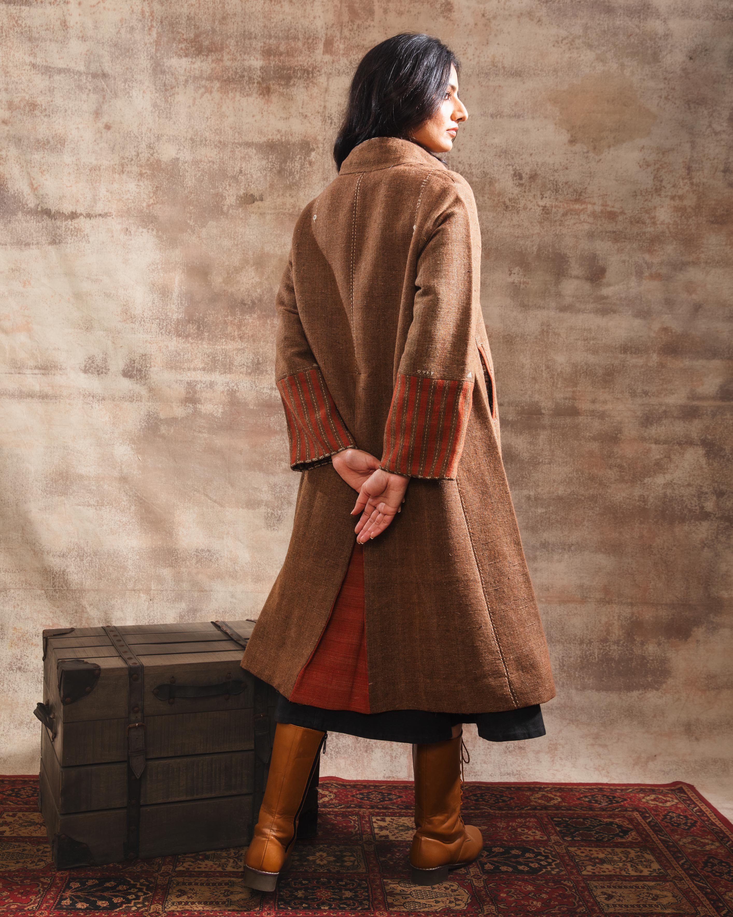 Dhaani Brown Handwoven Woolen Long Jacket