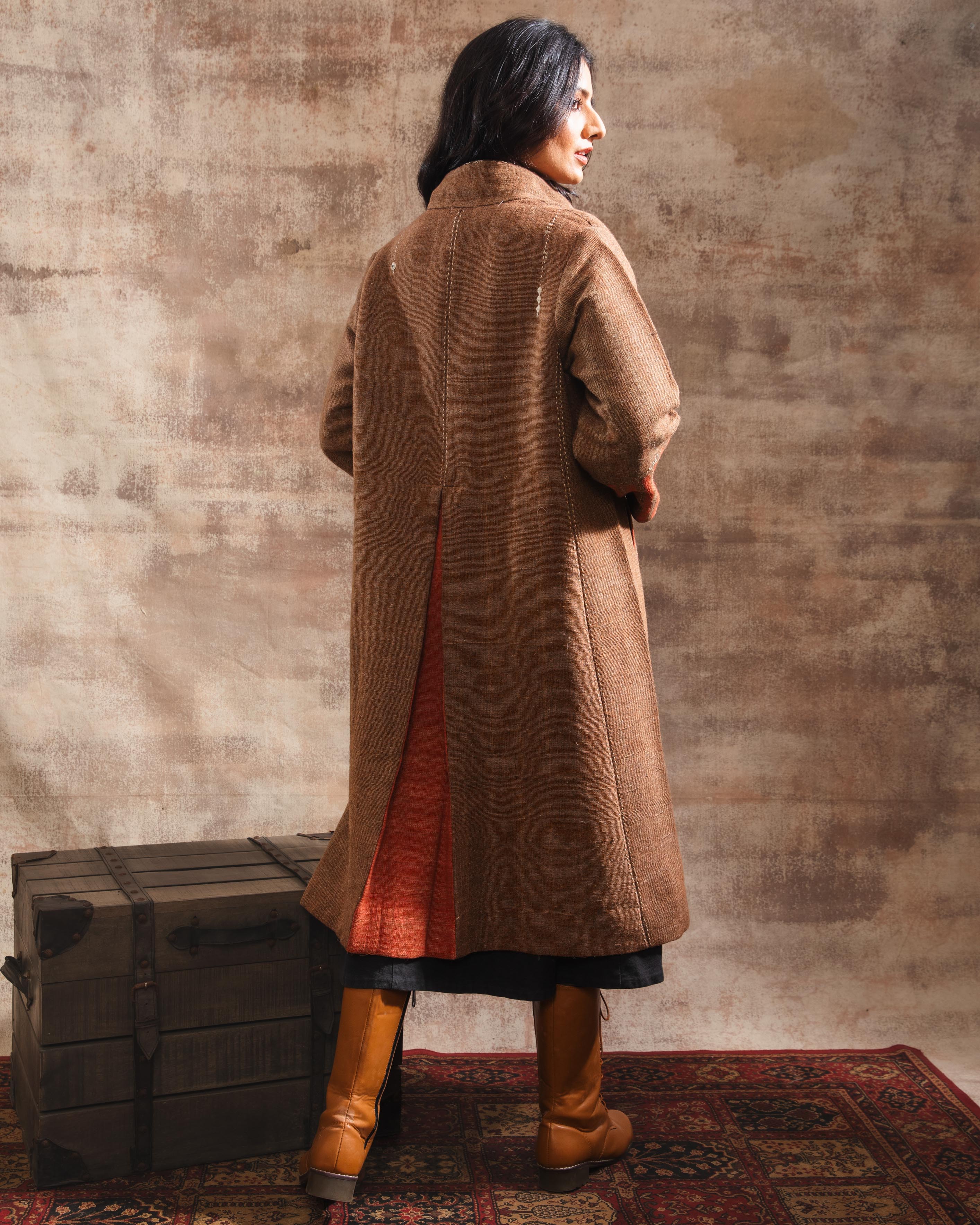 Dhaani Brown Handwoven Woolen Long Jacket