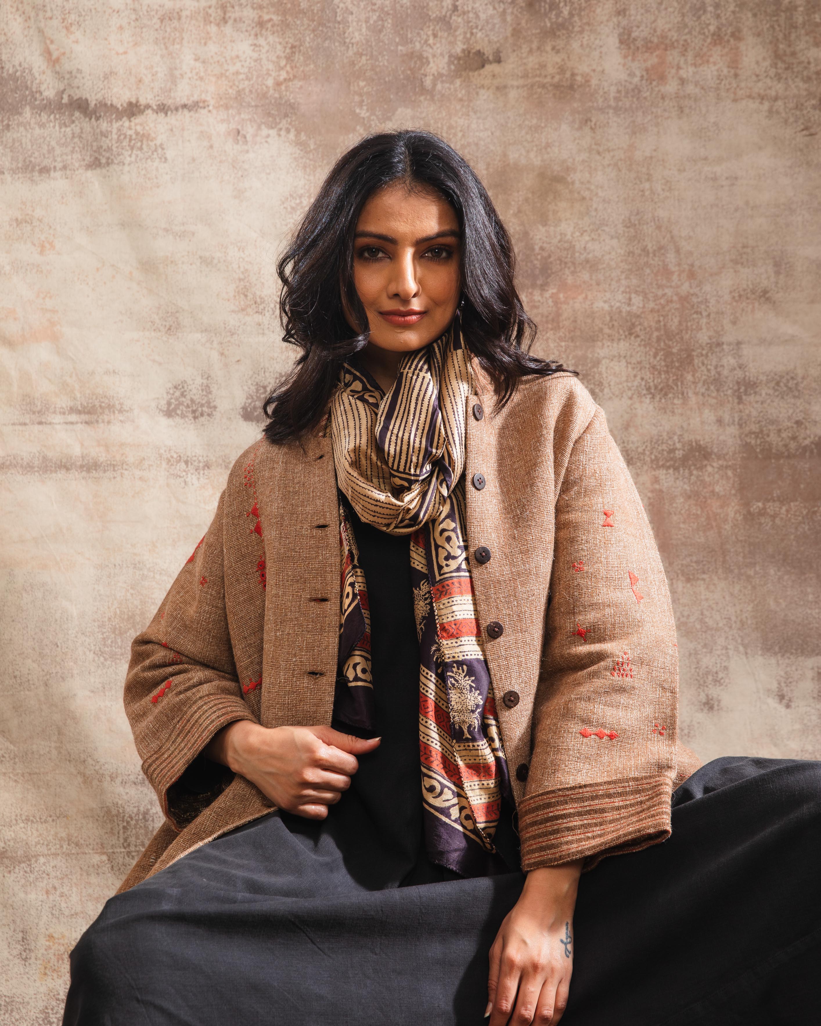 Dhaani Natural Handwoven Woolen Jacket with Roll-Over Sleeves