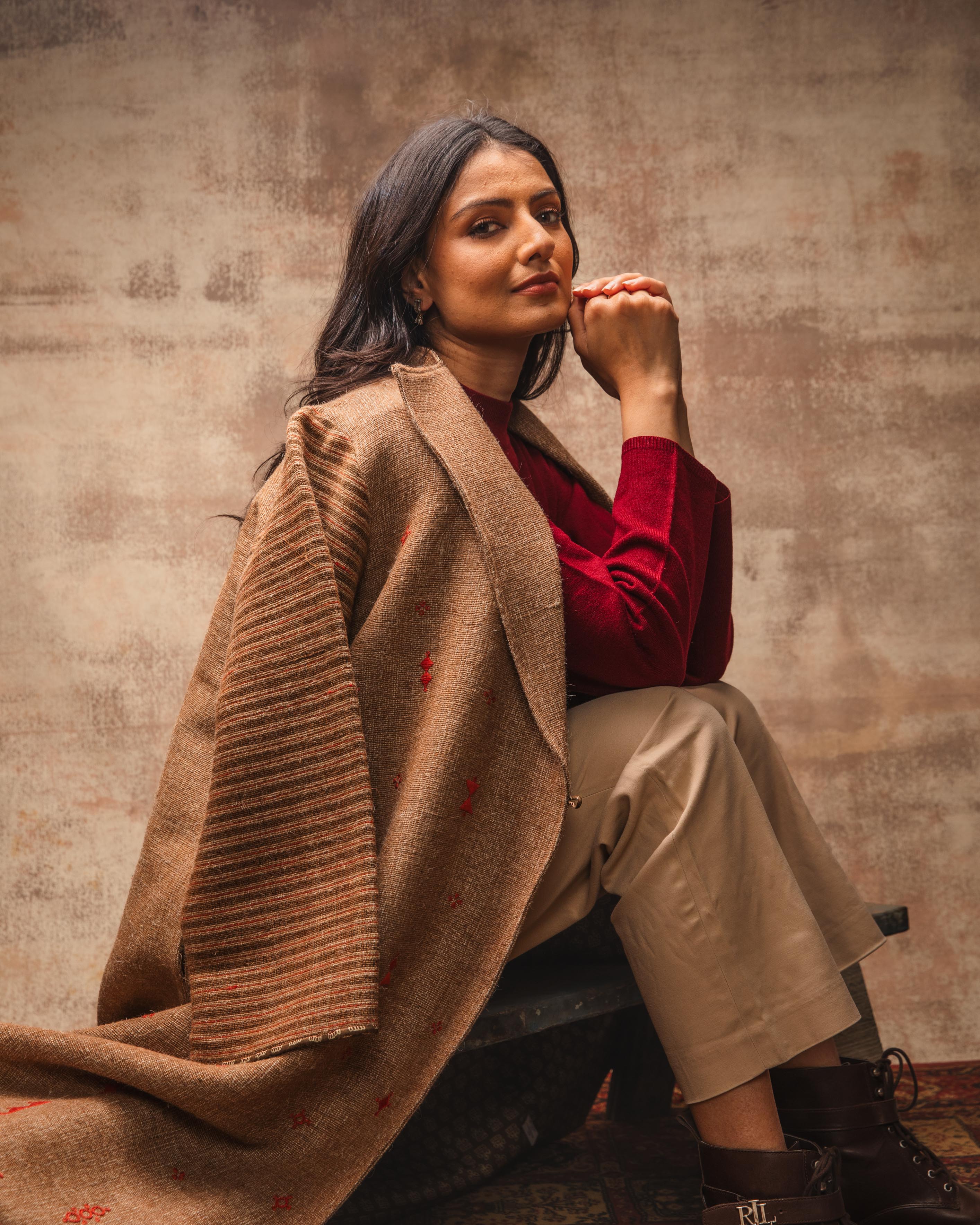 Dhaani Natural Handwoven Woolen Long Overlap Jacket