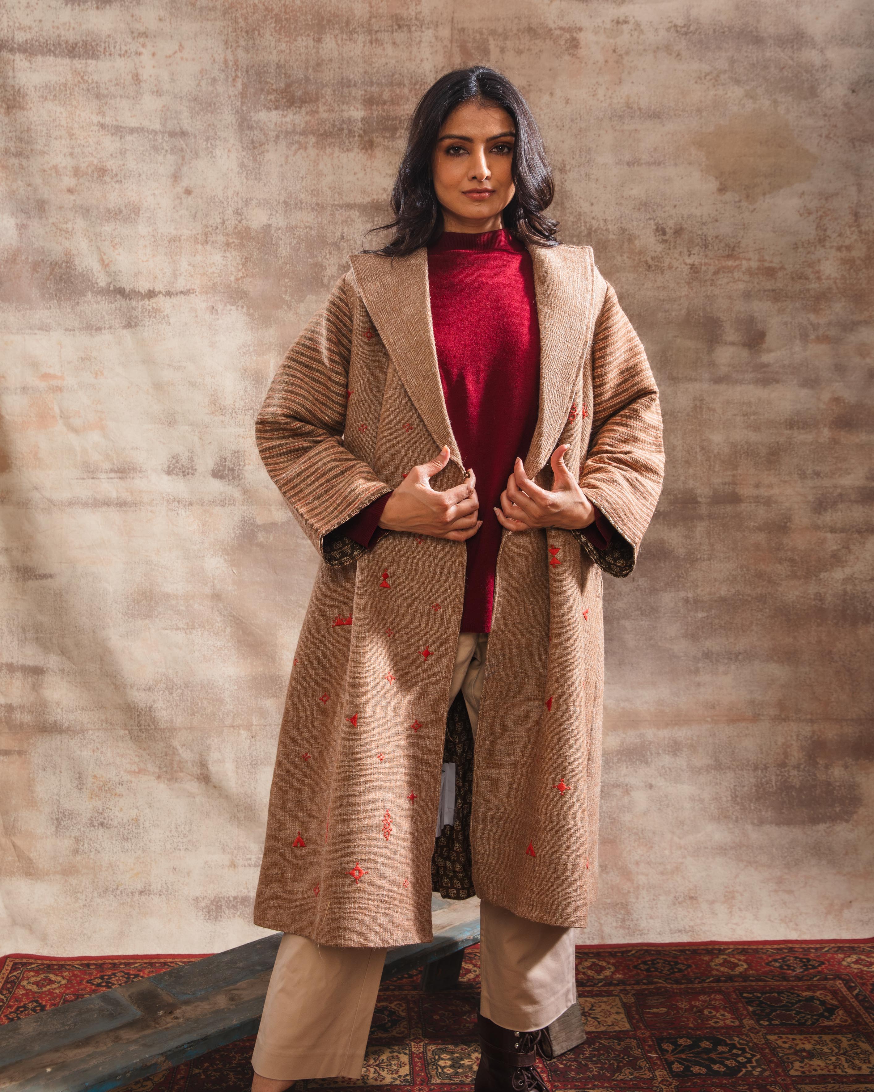 Dhaani Natural Handwoven Woolen Long Overlap Jacket