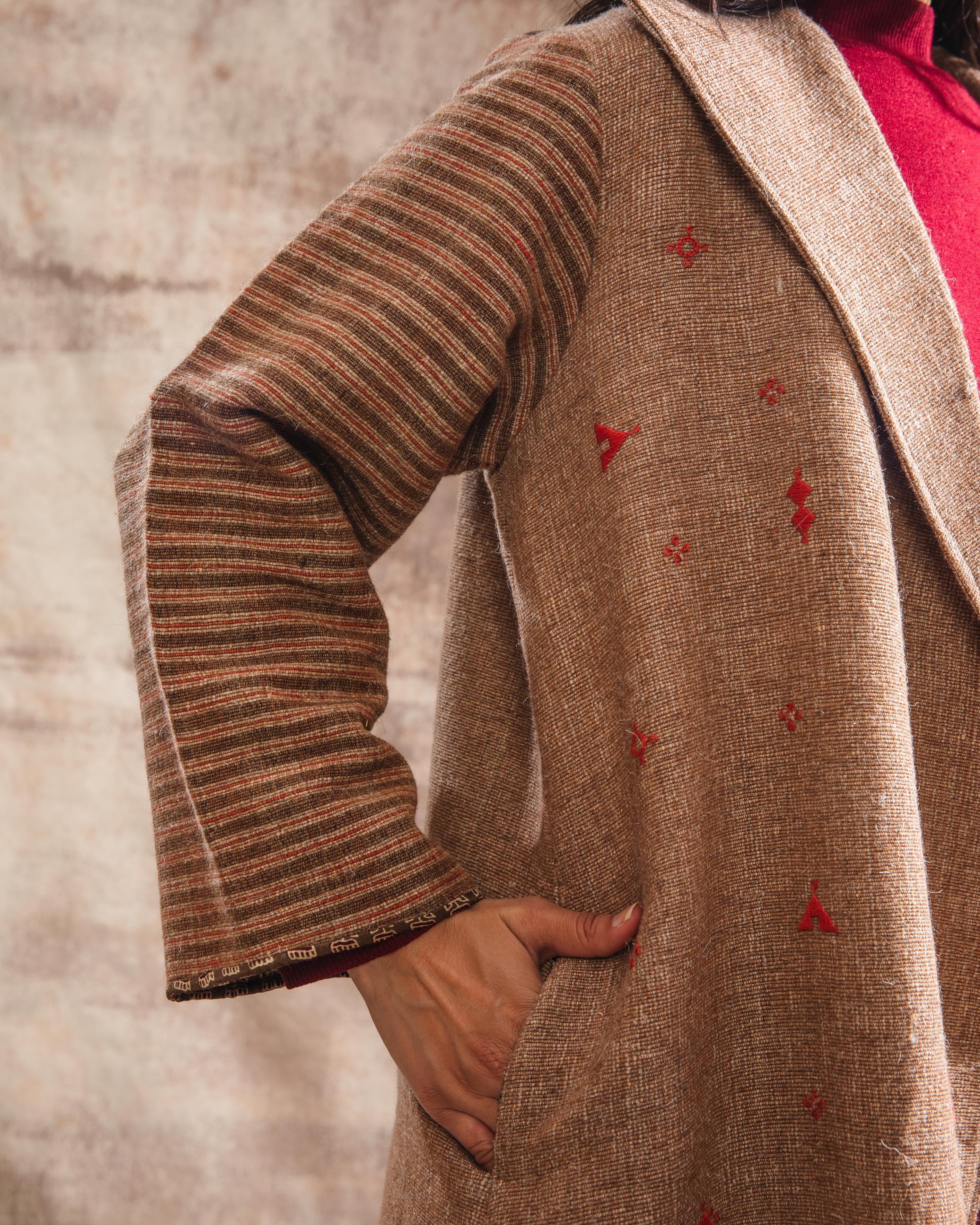 Dhaani Natural Handwoven Woolen Long Overlap Jacket