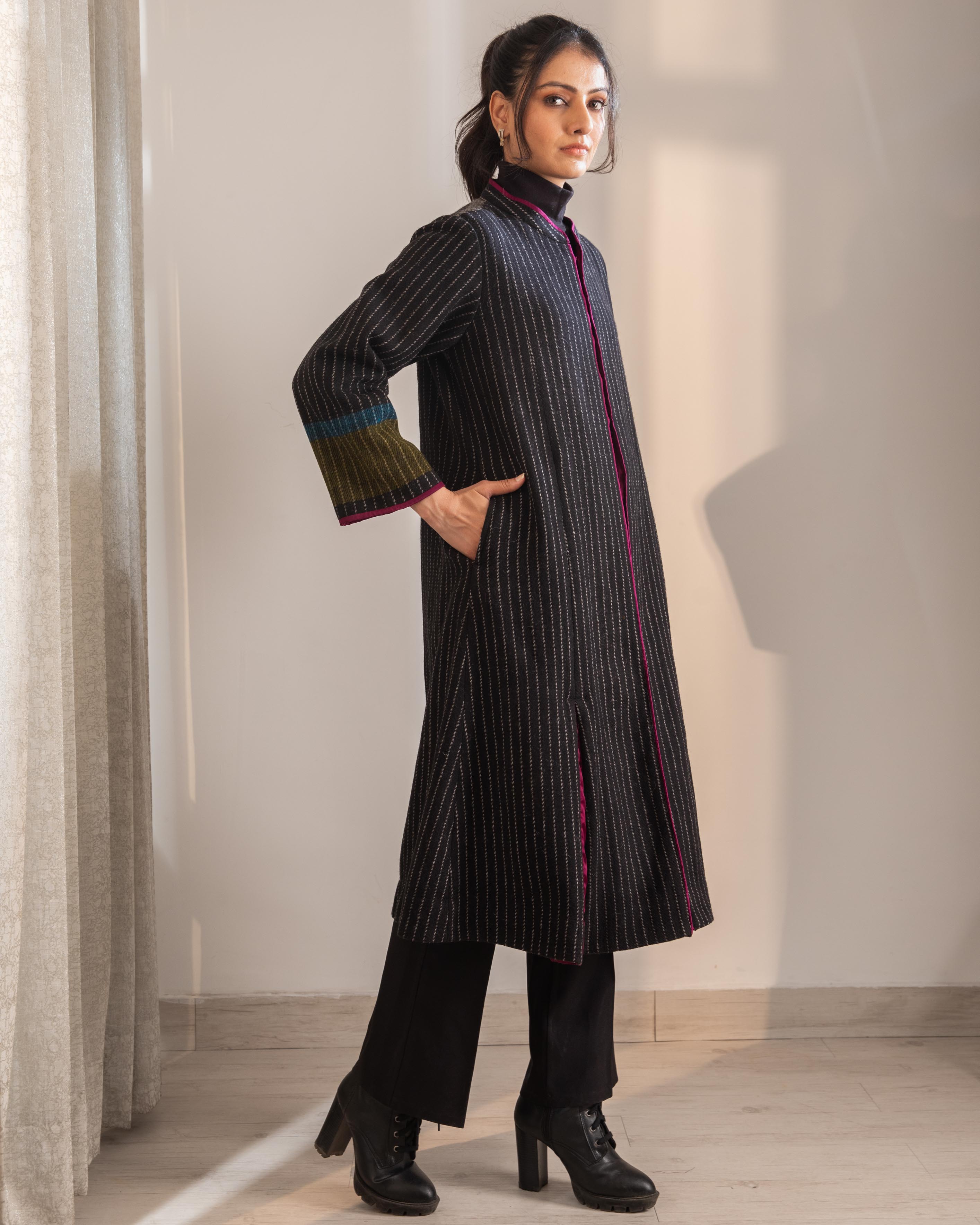 Gurez Black Handwoven Woolen Long Jacket