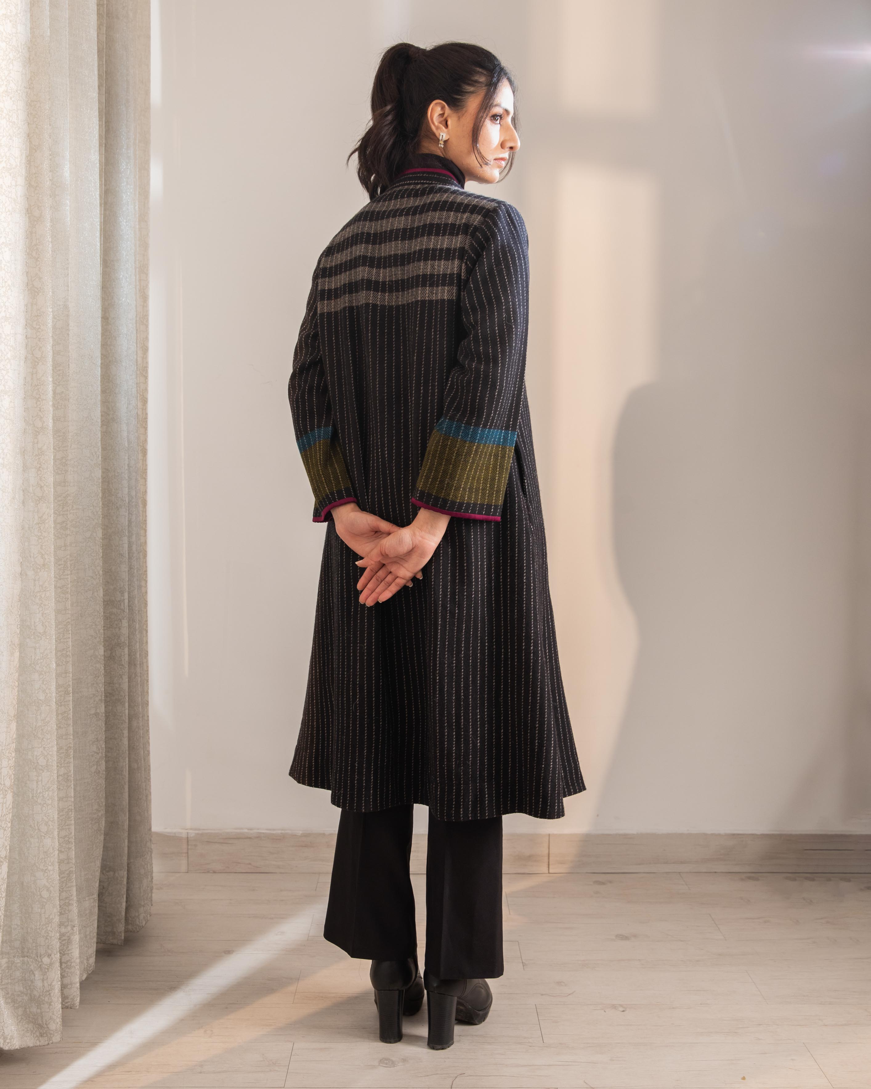 Gurez Black Handwoven Woolen Long Jacket