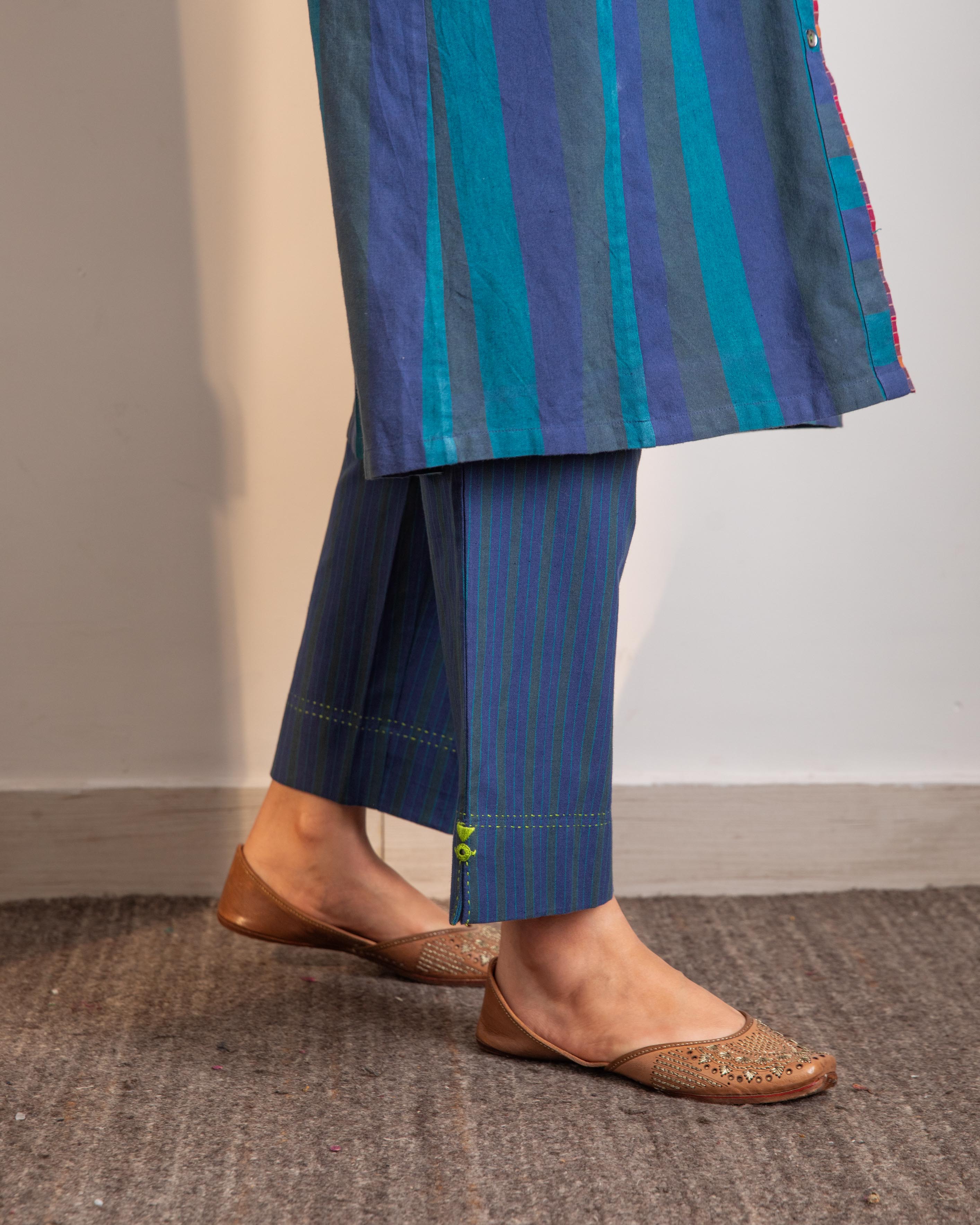 Haveli Blue Striped Handwoven And Hand Embroidered Cotton Straight Fit Pant